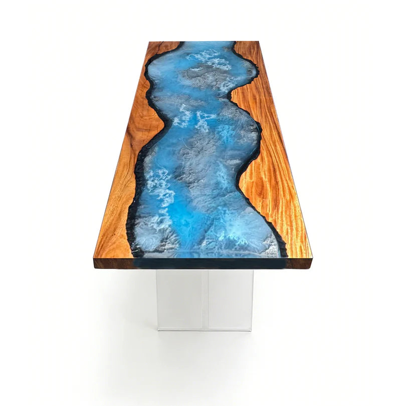 Walnut Wood Blue Lagoon Epoxy Resin Coffee Table 30“W x 71"L Thickness 4"
