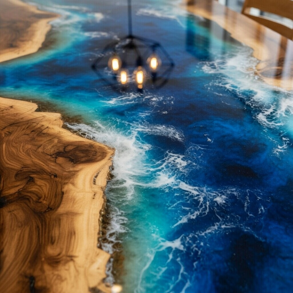 Customer Custom Premium Rectangular Suar Wood Blue Epoxy River Dining Table image 2