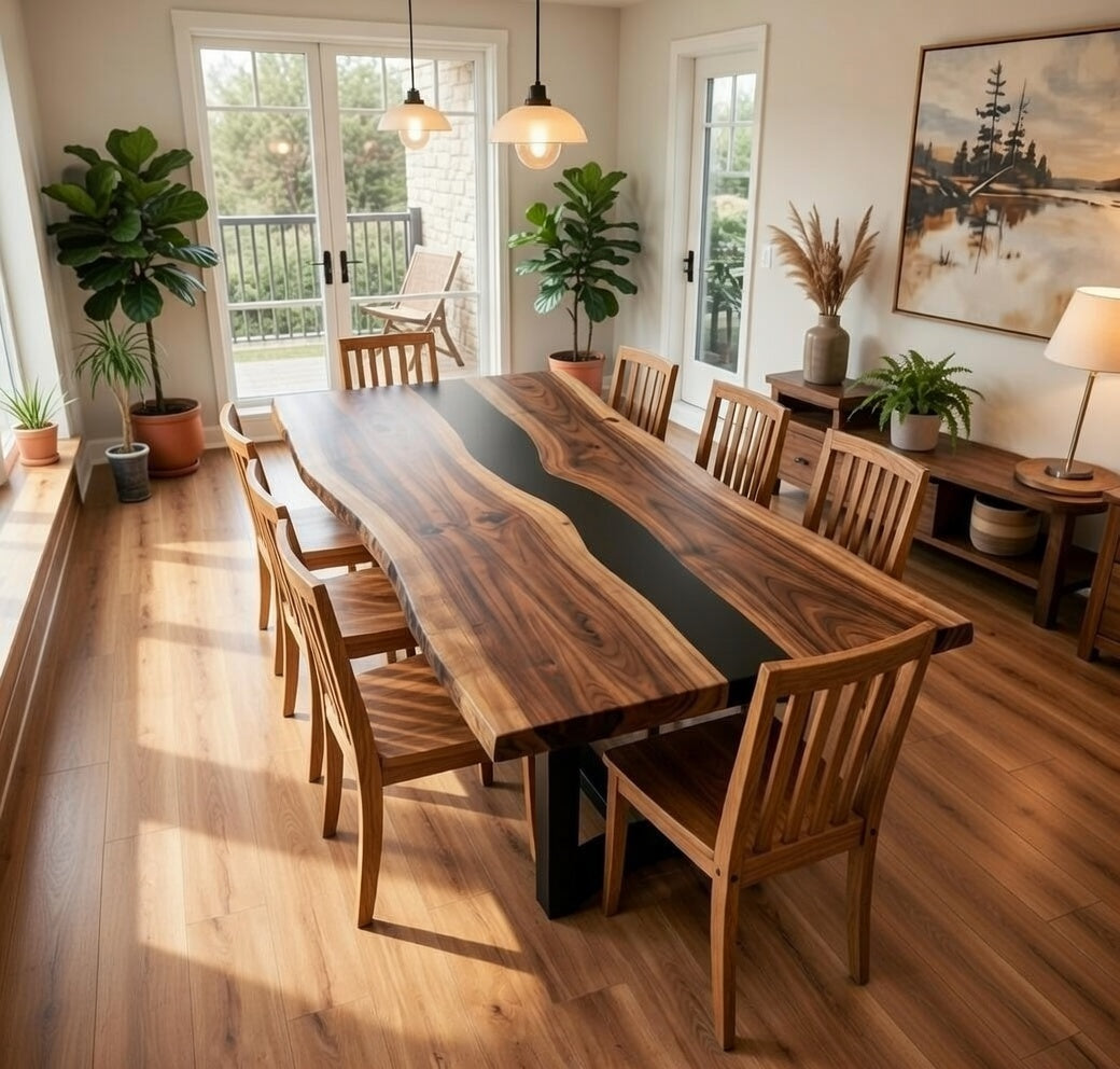 Custom Premium Rectangular Black Walnut Black Epoxy River Dining Table image 2