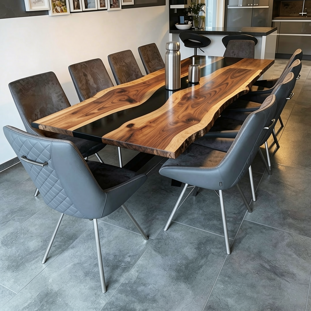 Custom Premium Rectangular Suar Wood Black Epoxy River Dining Table image 2