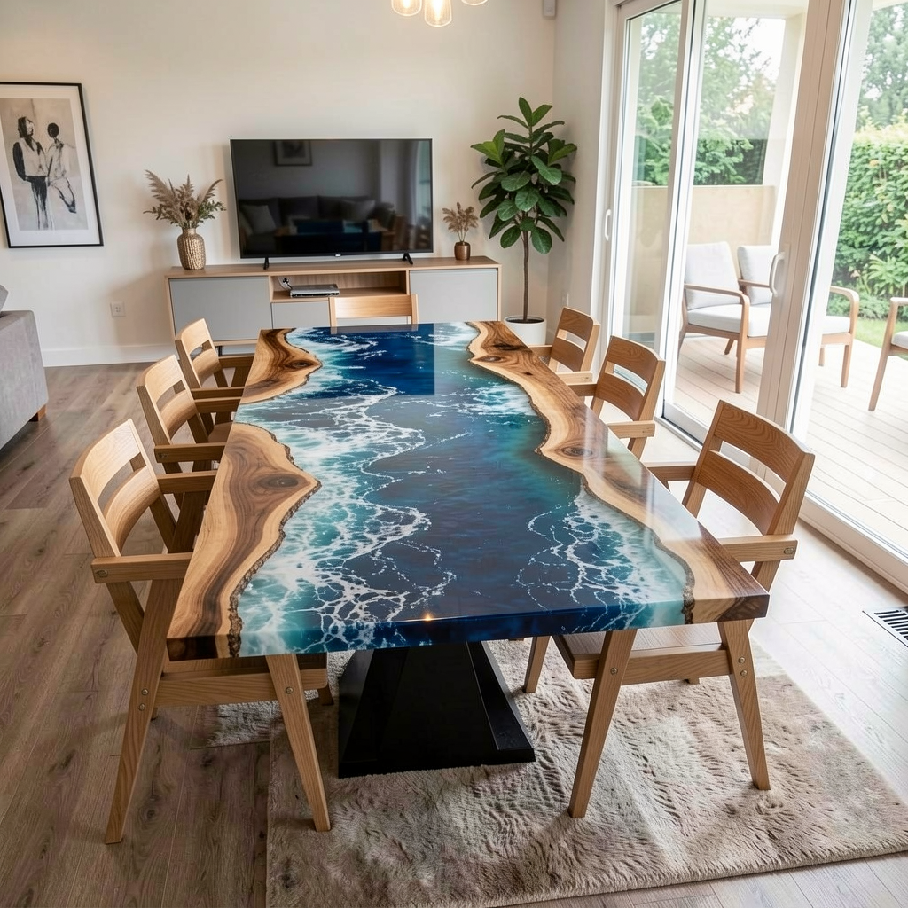 Custom Professional South American Walnut Blue Resin Surf Dining Table image 2