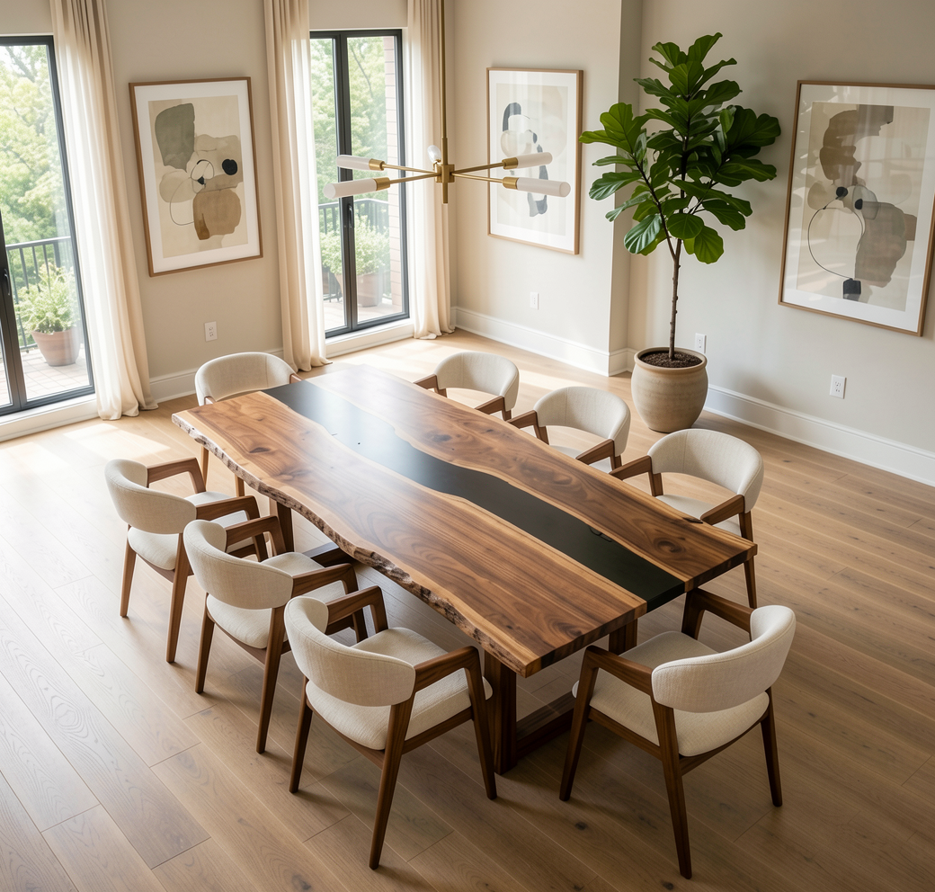 Custom Premium Rectangular Black Walnut Black Epoxy River Dining Table image 3