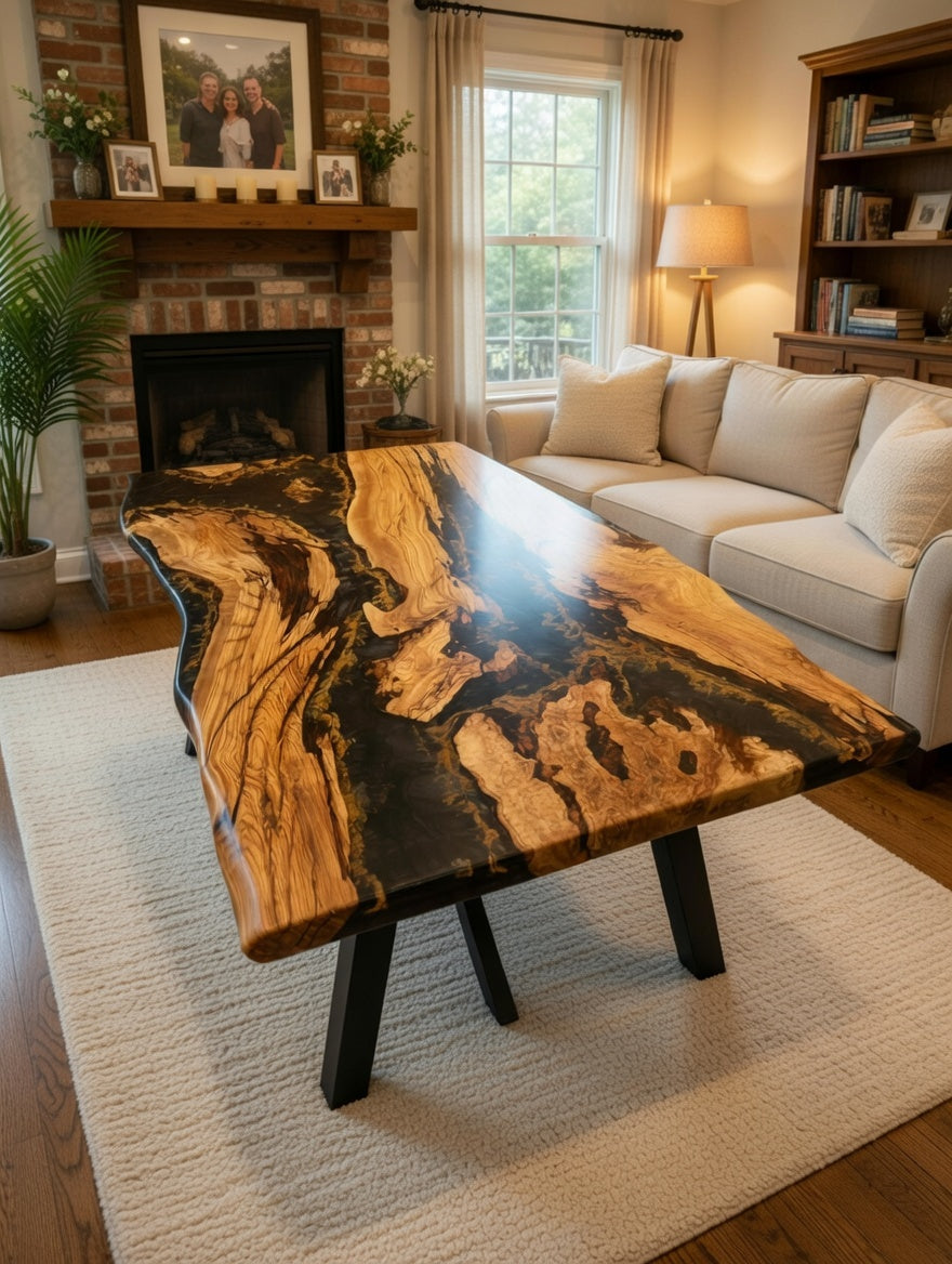 Customer Custom Premium Rectangular Olive Wood Black Epoxy River Dining Table image 2