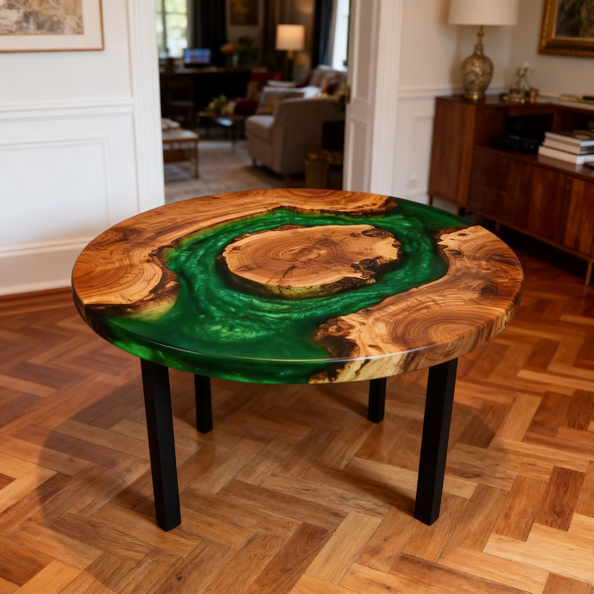 Professional Circular South American Walnut Green Resin Dining Table image 2