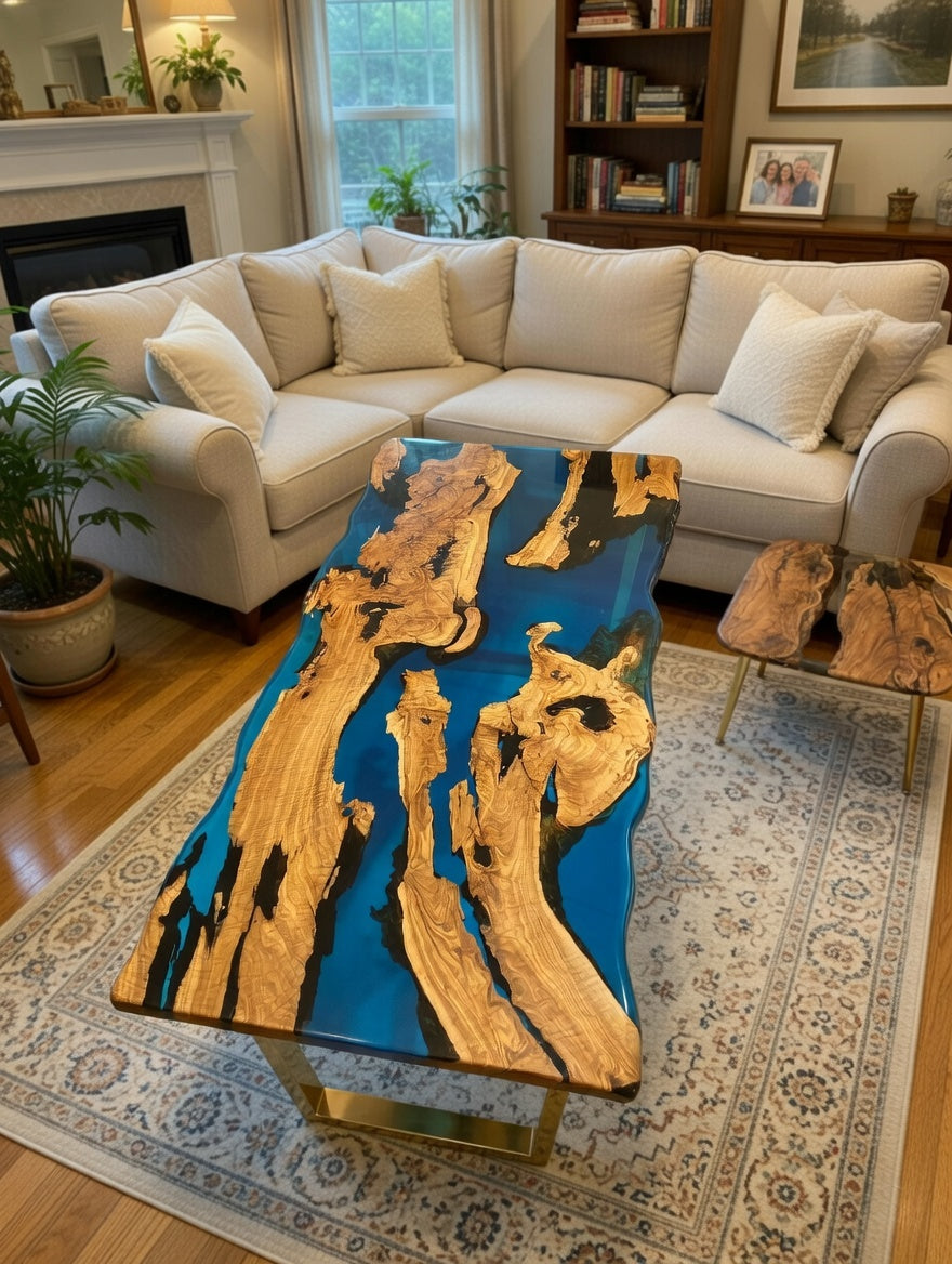 Customer Custom Premium Rectangular Olive Wood Vibrant Blue Epoxy Coffee Table image 2