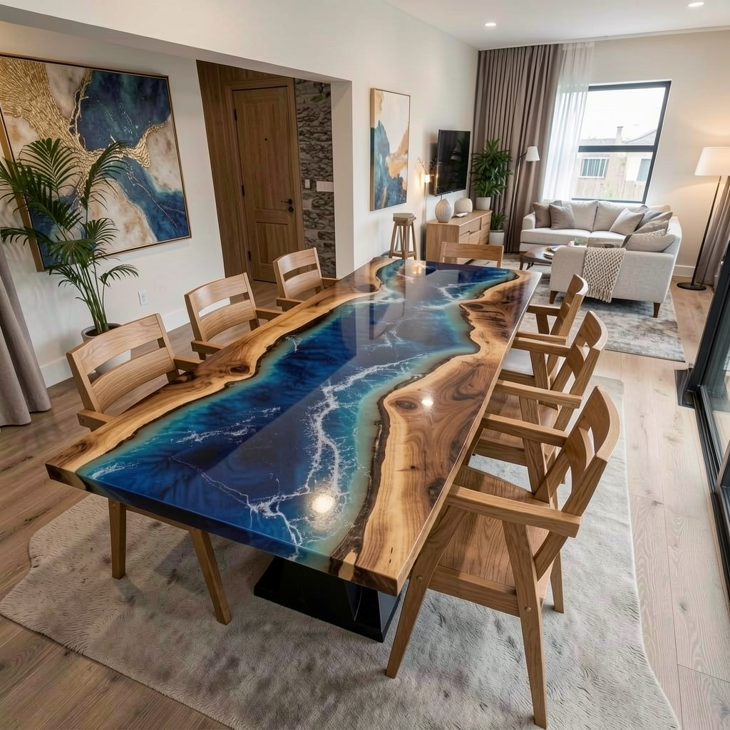 Custom Professional South American Walnut Deep Sea Resin Dining Table image 2