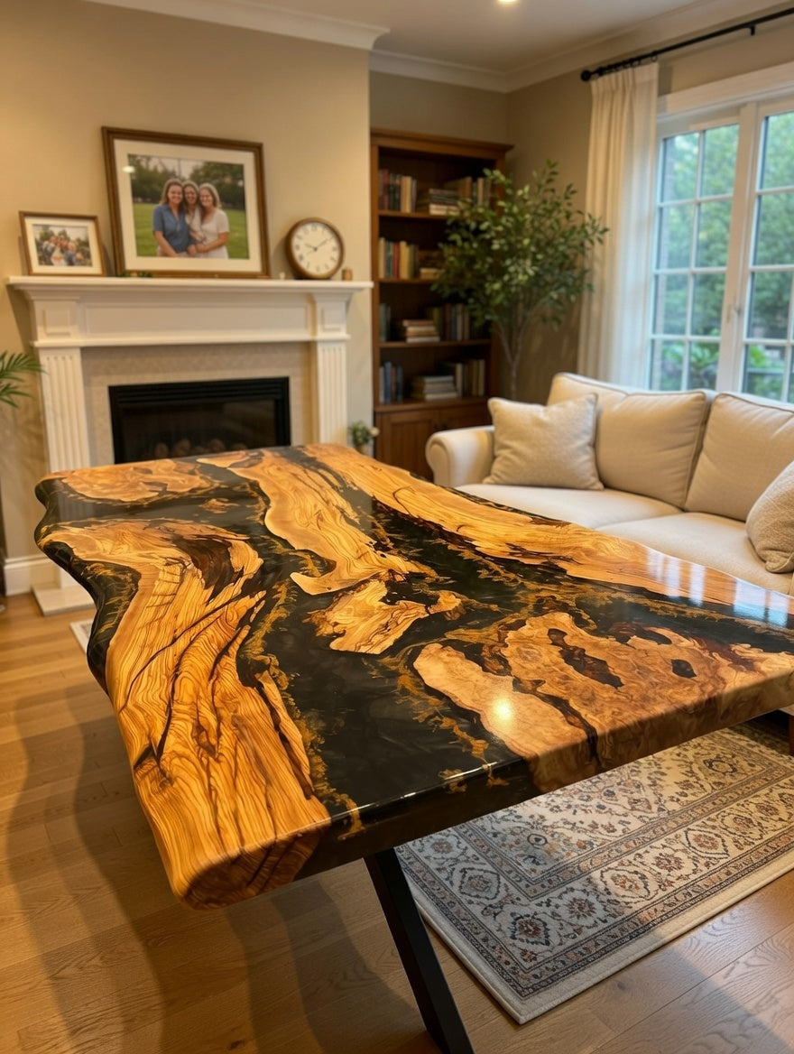 Customer Custom Premium Rectangular Olive Wood Black Epoxy River Dining Table image 3