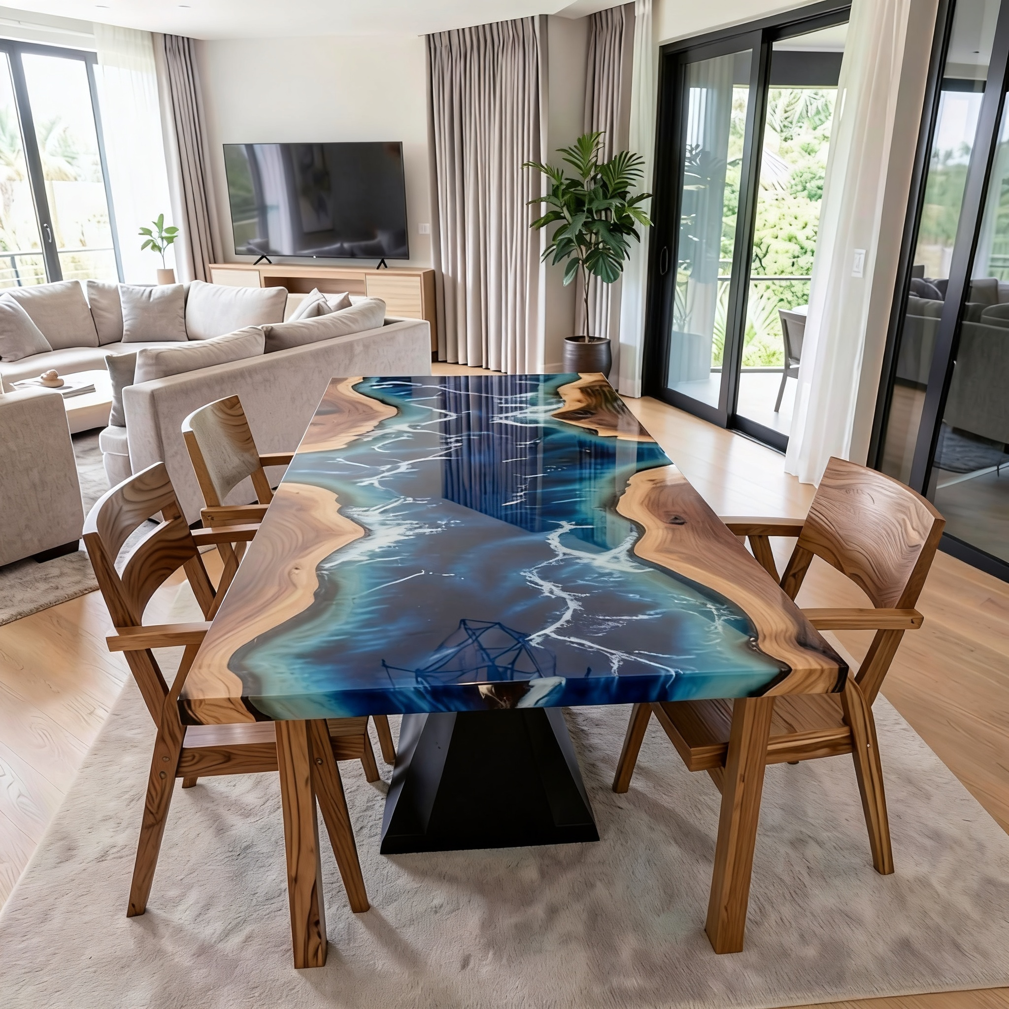 Custom Premium Rectangular Suar Wood Ocean Blue Epoxy River Dining Table image 3
