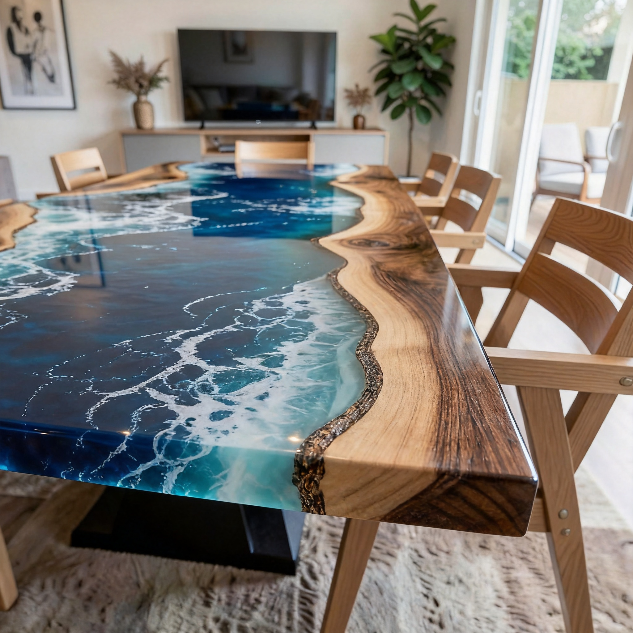 Custom Professional South American Walnut Blue Resin Surf Dining Table image 3