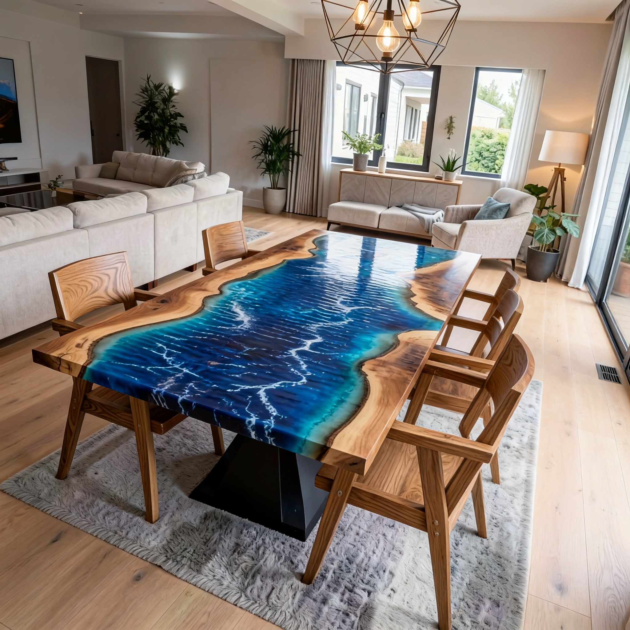 Custom Premium Rectangular Suar Wood Ocean Blue Epoxy River Dining Table image 3