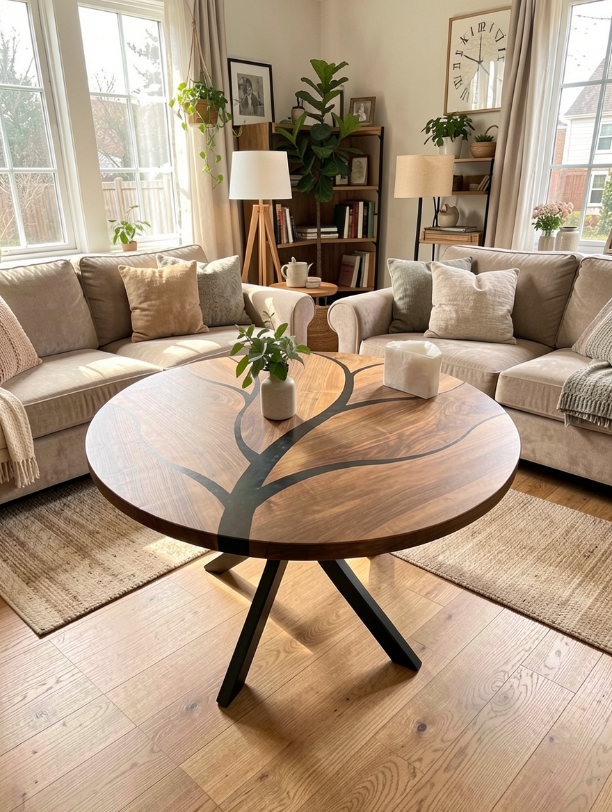Customer Custom Premium Round Suar Wood Black Epoxy Tree Branch Dining Table image 2