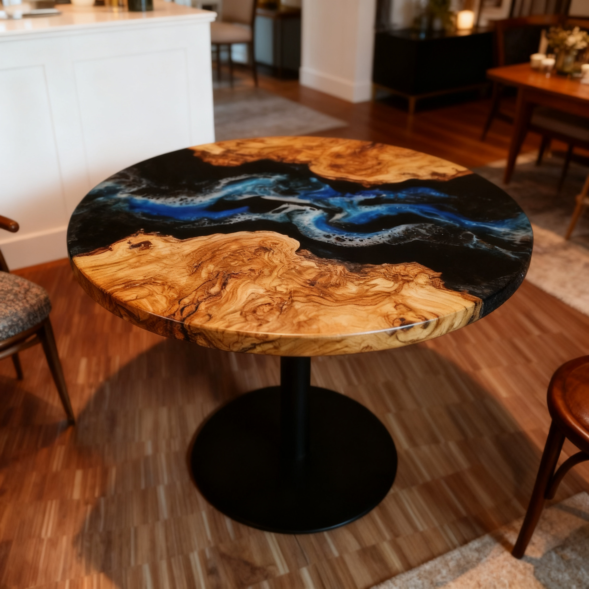 Premium Round Olive Wood Blue Epoxy River Dining Table image 2