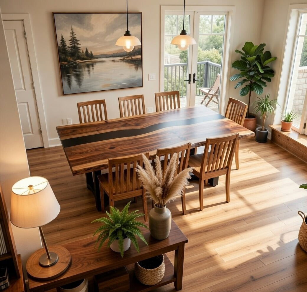 Custom Premium Rectangular Black Walnut Black Epoxy River Dining Table image 3