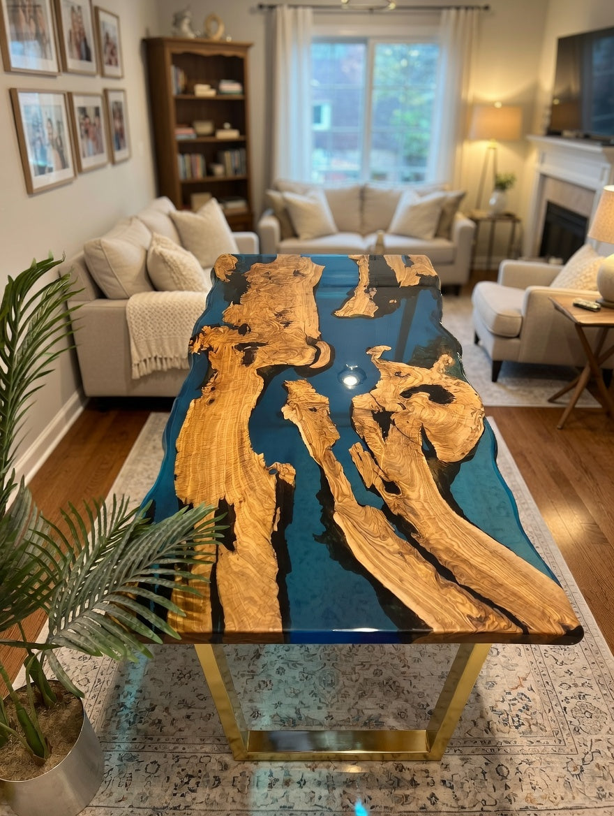 Customer Custom Premium Rectangular Olive Wood Vibrant Blue Epoxy Coffee Table image 4