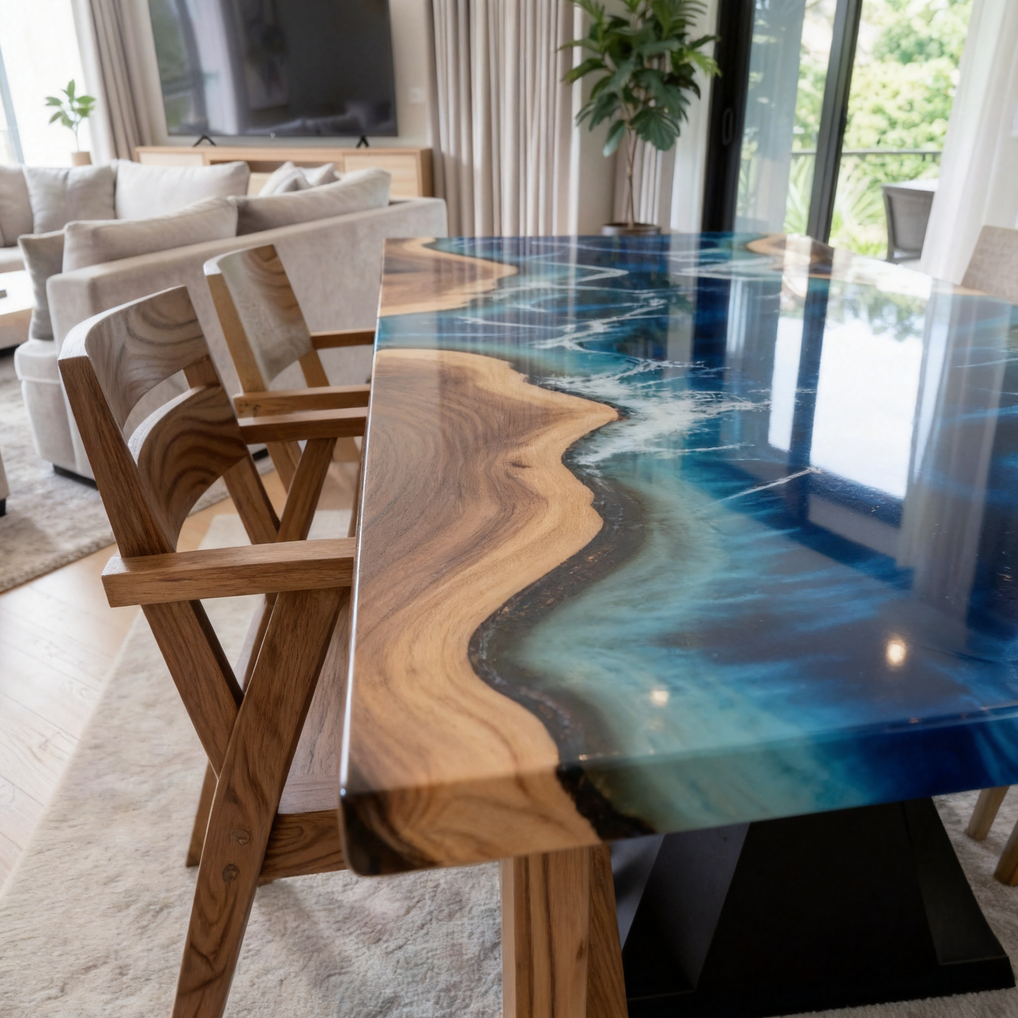 Custom Premium Rectangular Suar Wood Ocean Blue Epoxy River Dining Table image 4