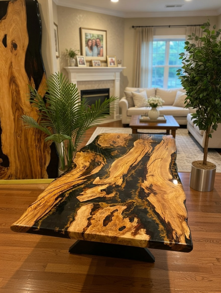 Customer Custom Premium Rectangular Olive Wood Black Epoxy River Dining Table image 4