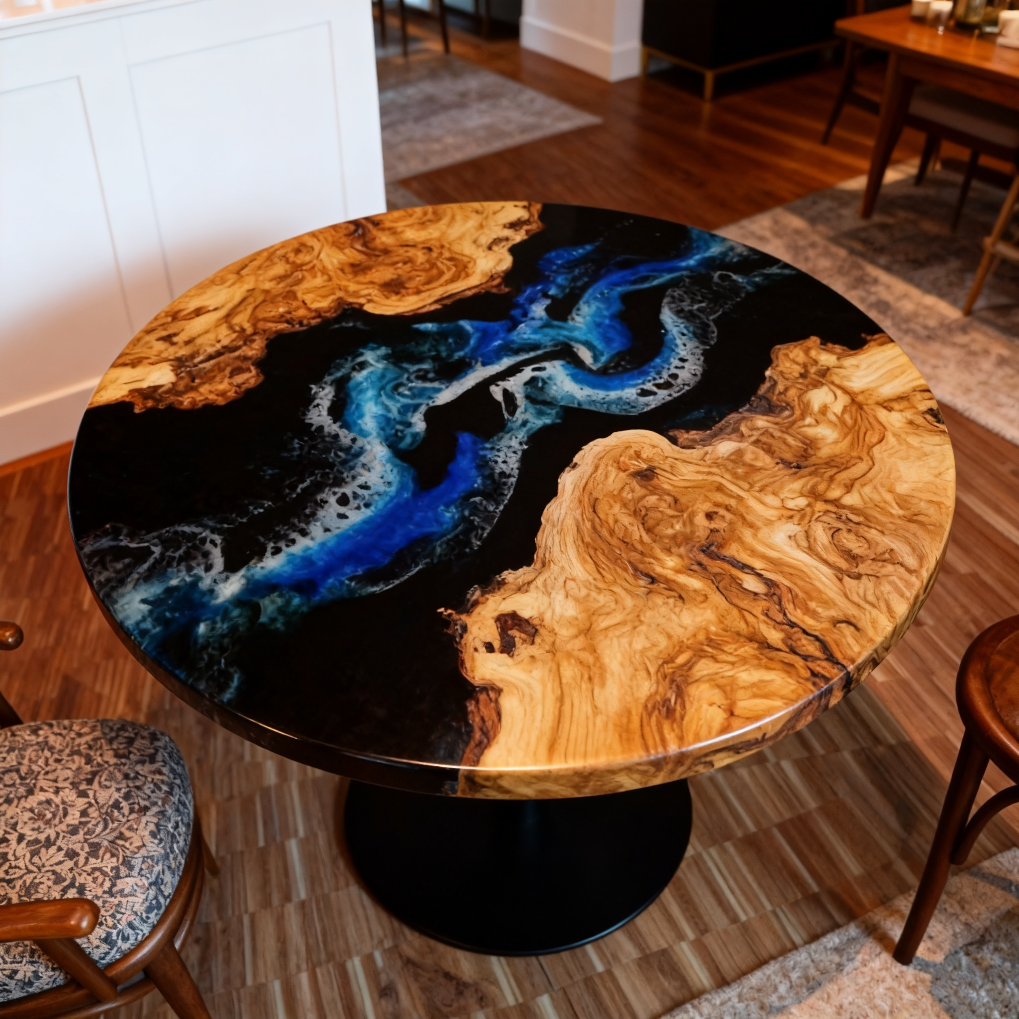 Premium Round Olive Wood Blue Epoxy River Dining Table image 3