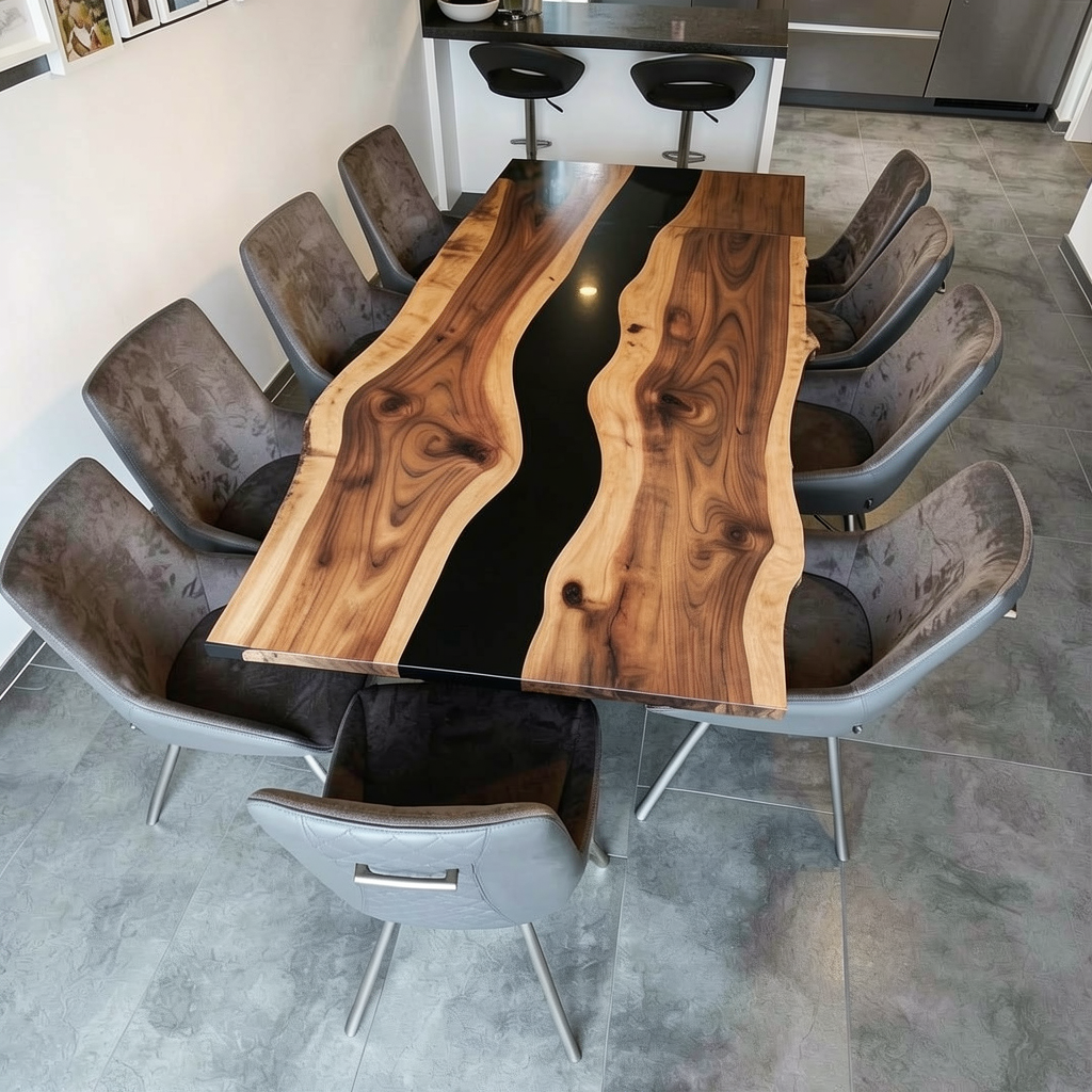 Custom Premium Rectangular Suar Wood Black Epoxy River Dining Table image 4