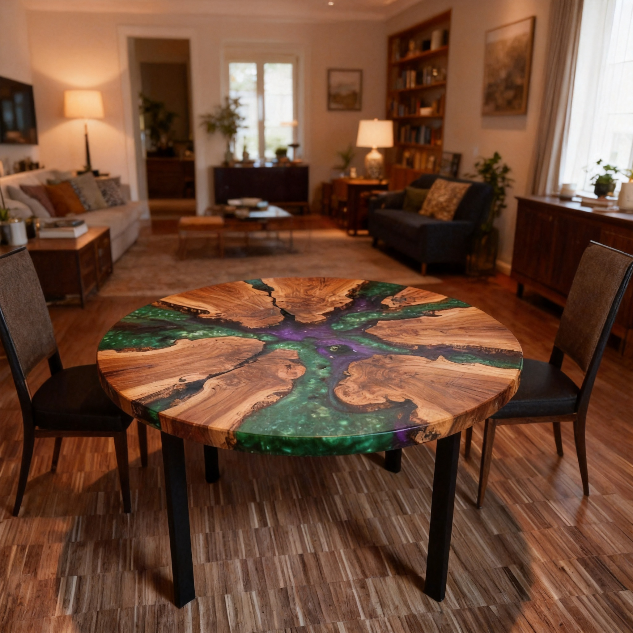 Premium Round Suar Wood Blue Epoxy River Dining Table image 5