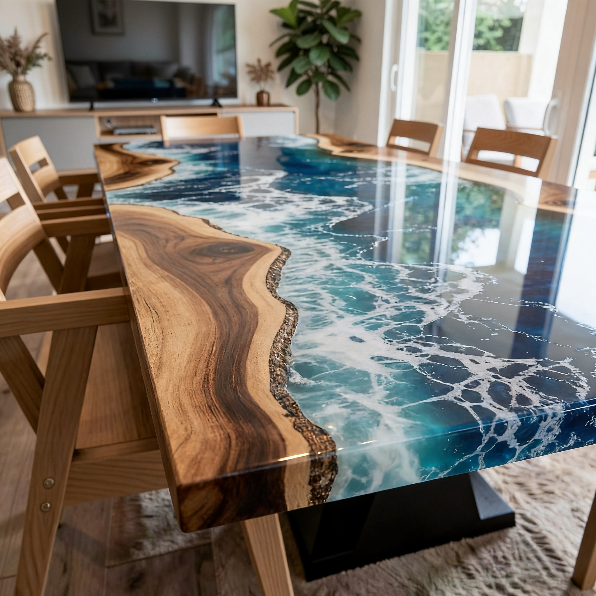 Custom Professional South American Walnut Blue Resin Surf Dining Table image 4