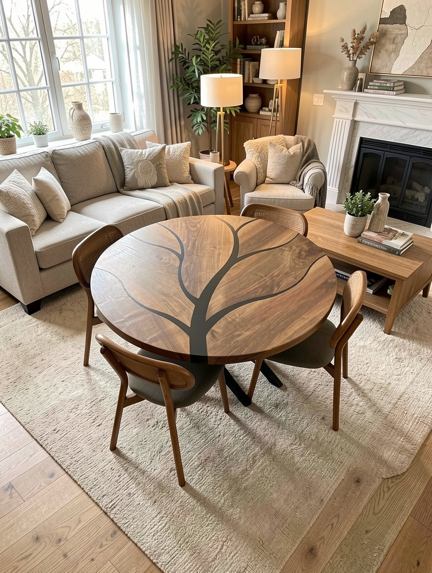 Customer Custom Premium Round Suar Wood Black Epoxy Tree Branch Dining Table image 4