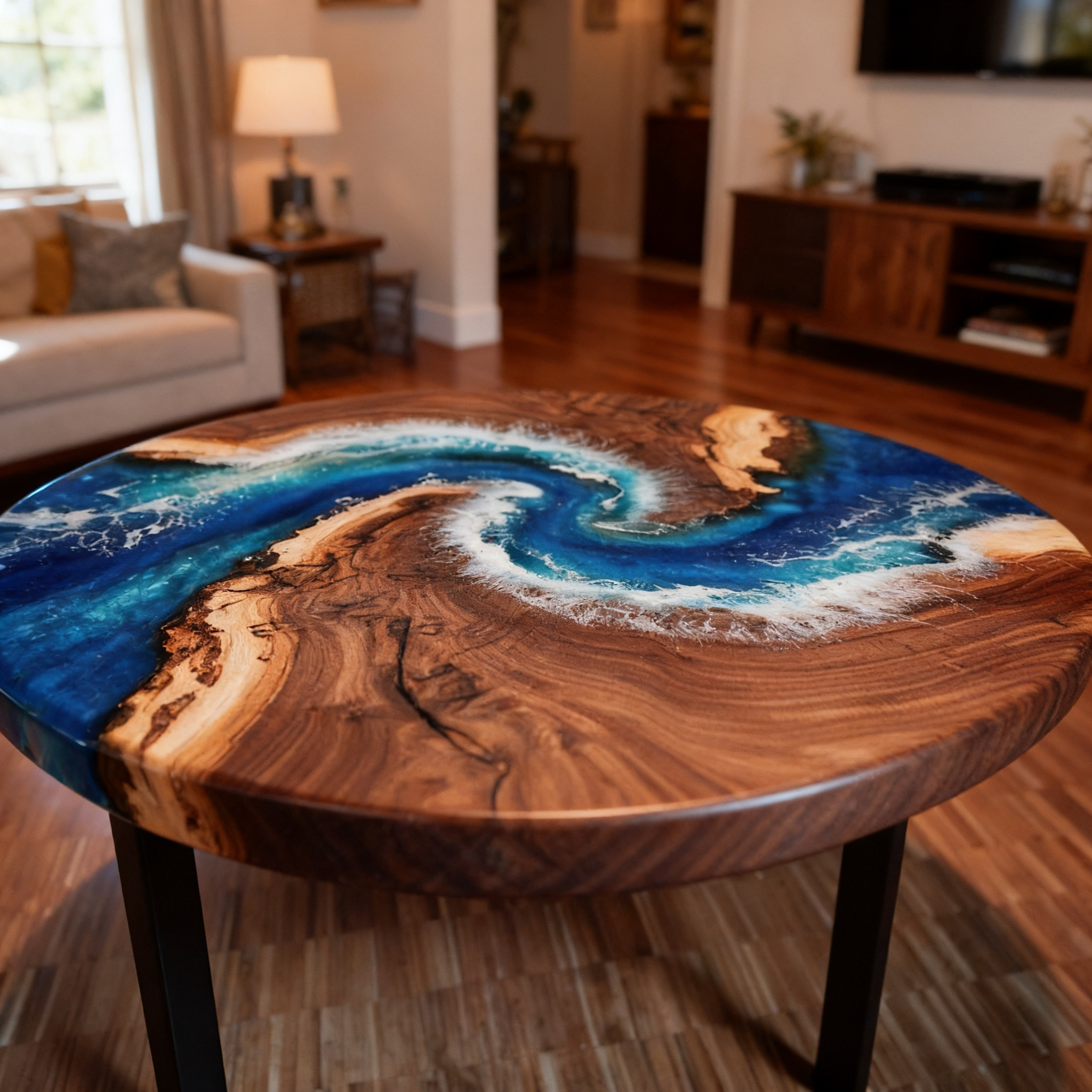 Modern Circular Design Custom Black Walnut Blue Epoxy River Dining Table image 4