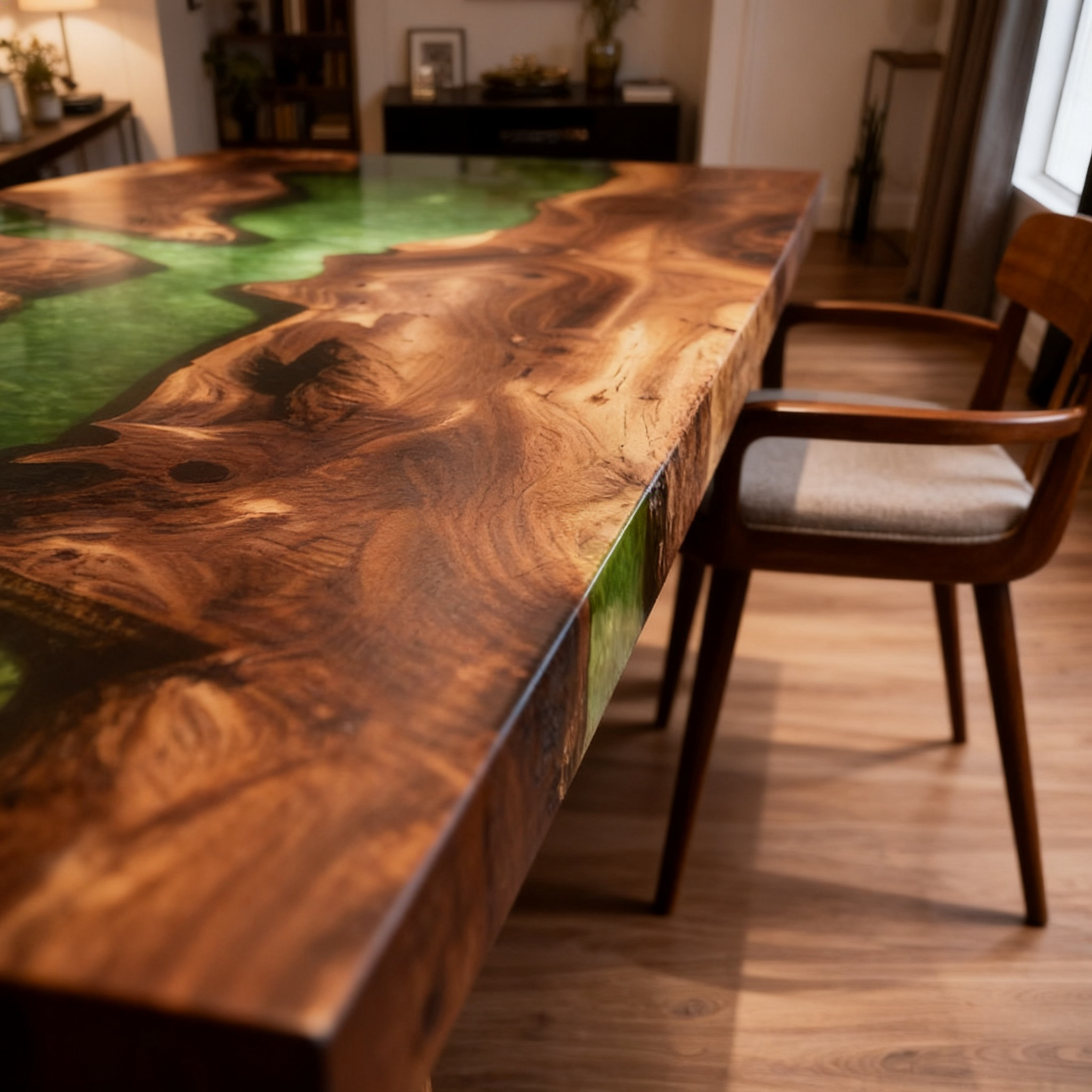 Premium South American Walnut Green Epoxy River Dining Table image 4