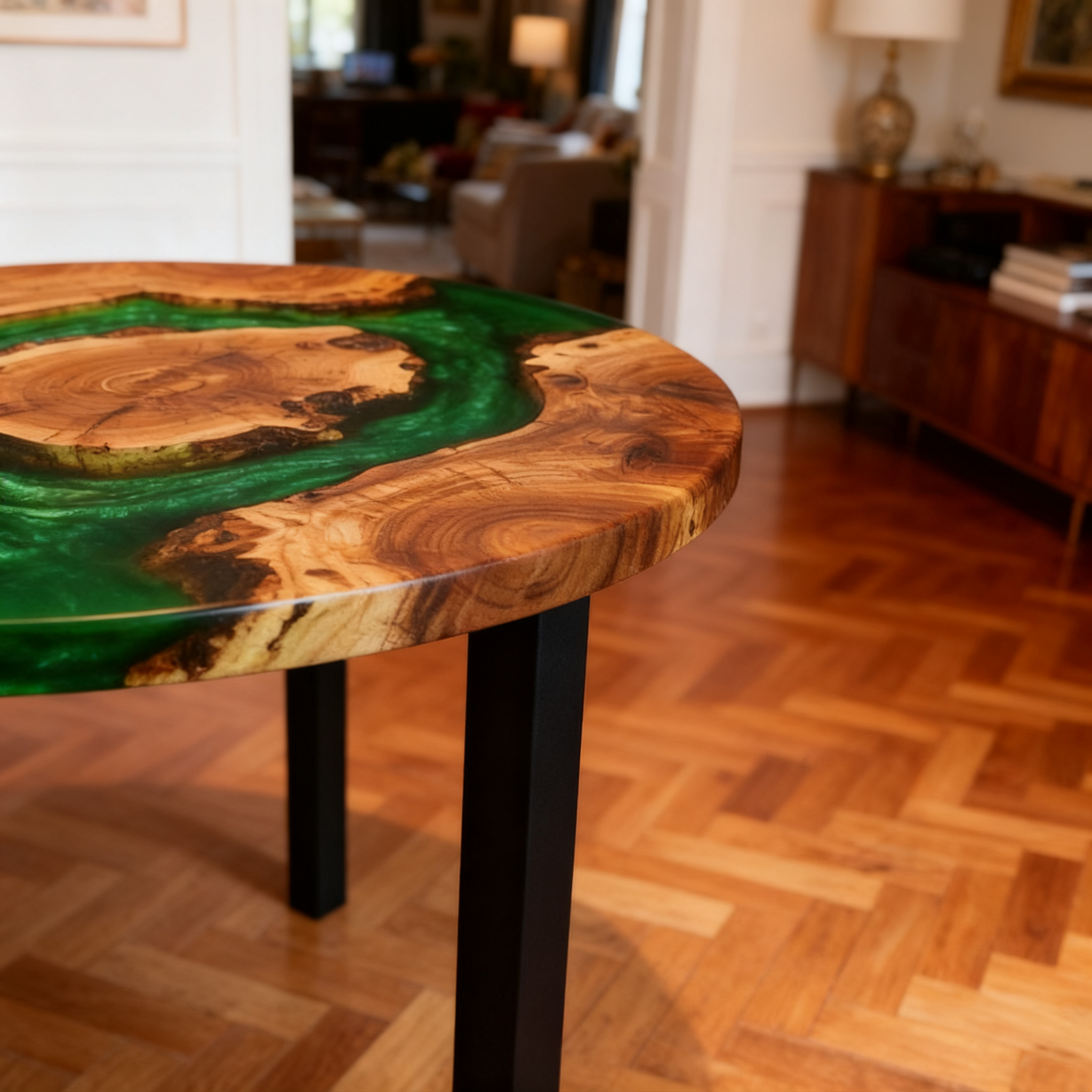 Professional Circular South American Walnut Green Resin Dining Table image 5