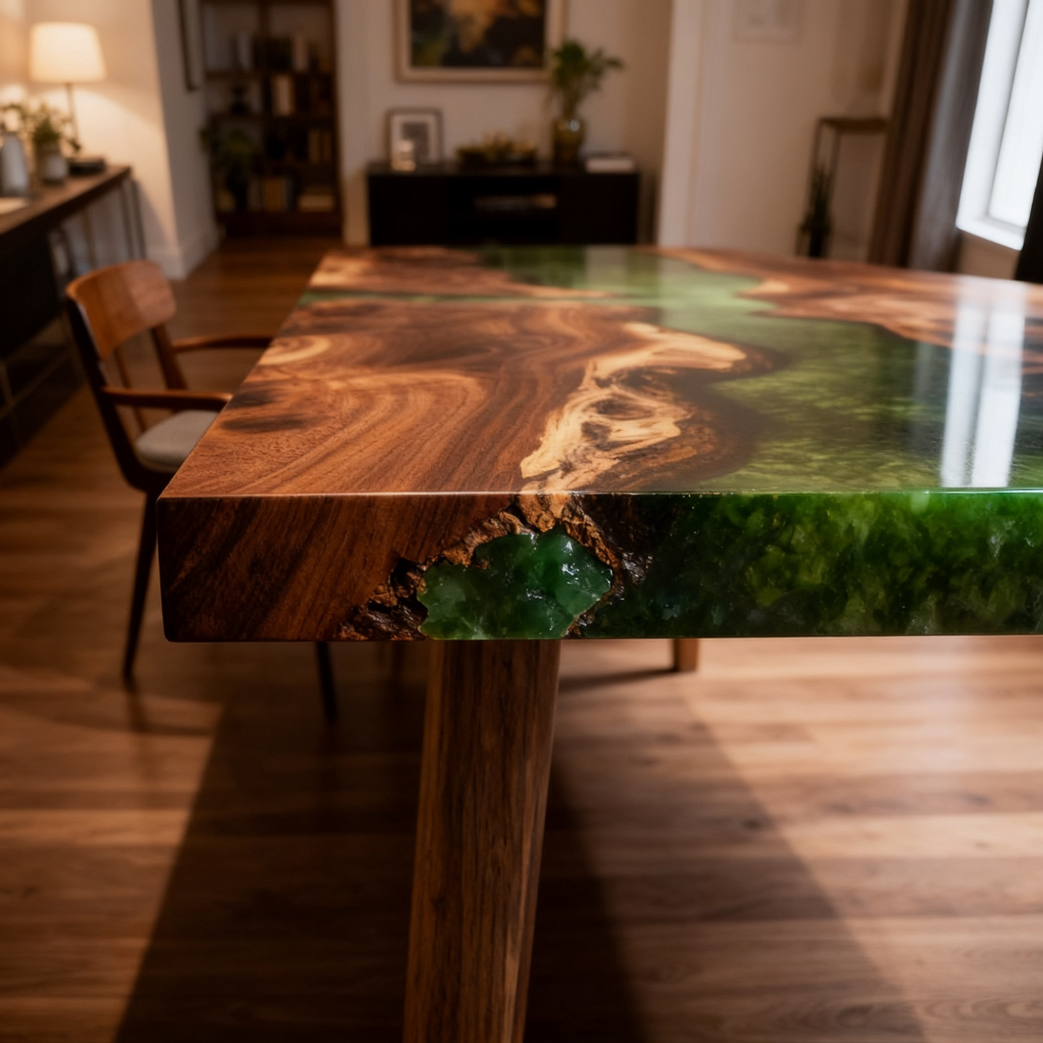 Premium South American Walnut Green Epoxy River Dining Table image 5