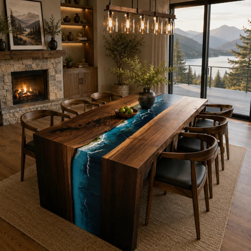 Waterfall Epoxy Dining Table – Ocean River Resin & Solid Walnut Statement Table 72″ x 36″ x 30″