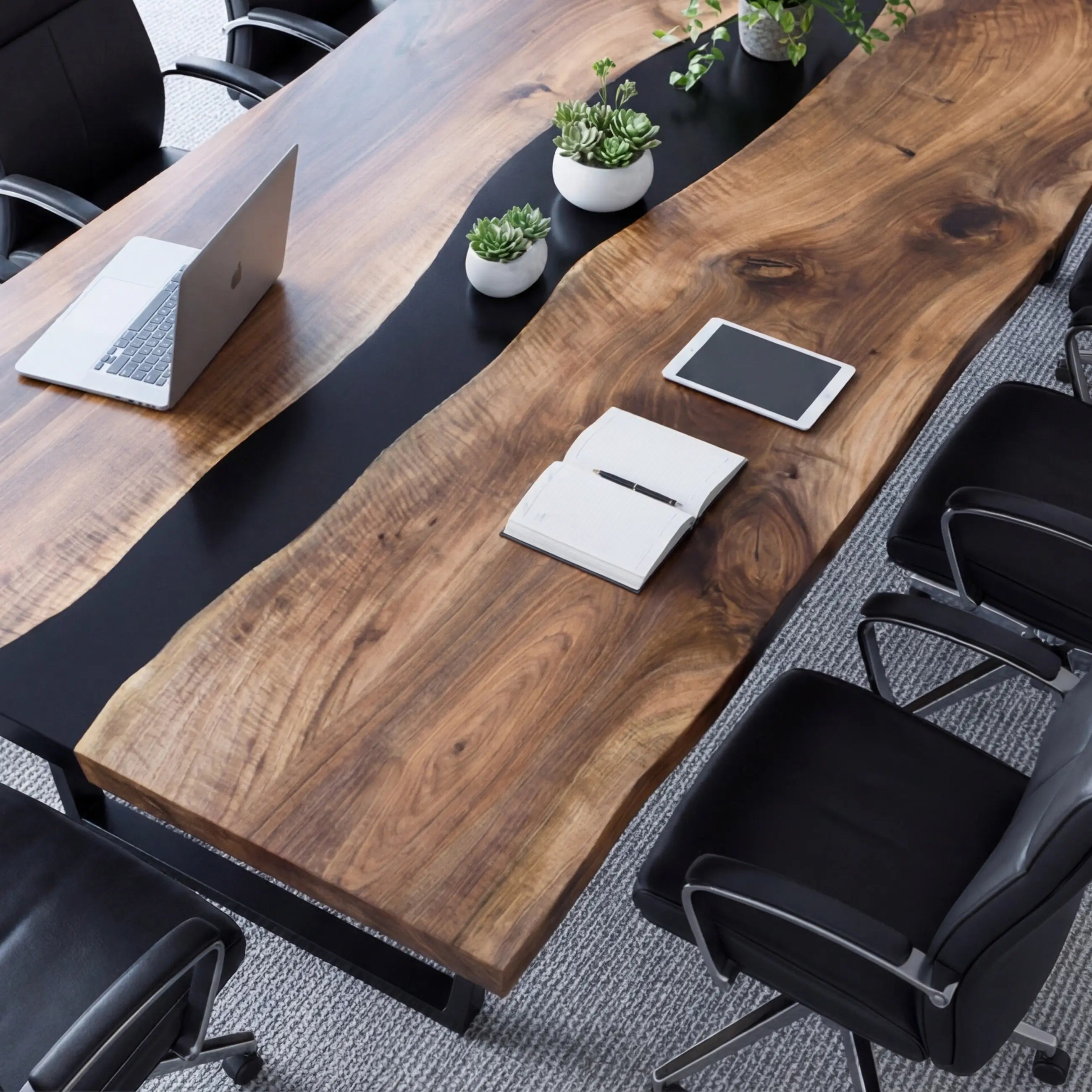 Custom Black Walnut Epoxy Resin River Conference Table Black Resin