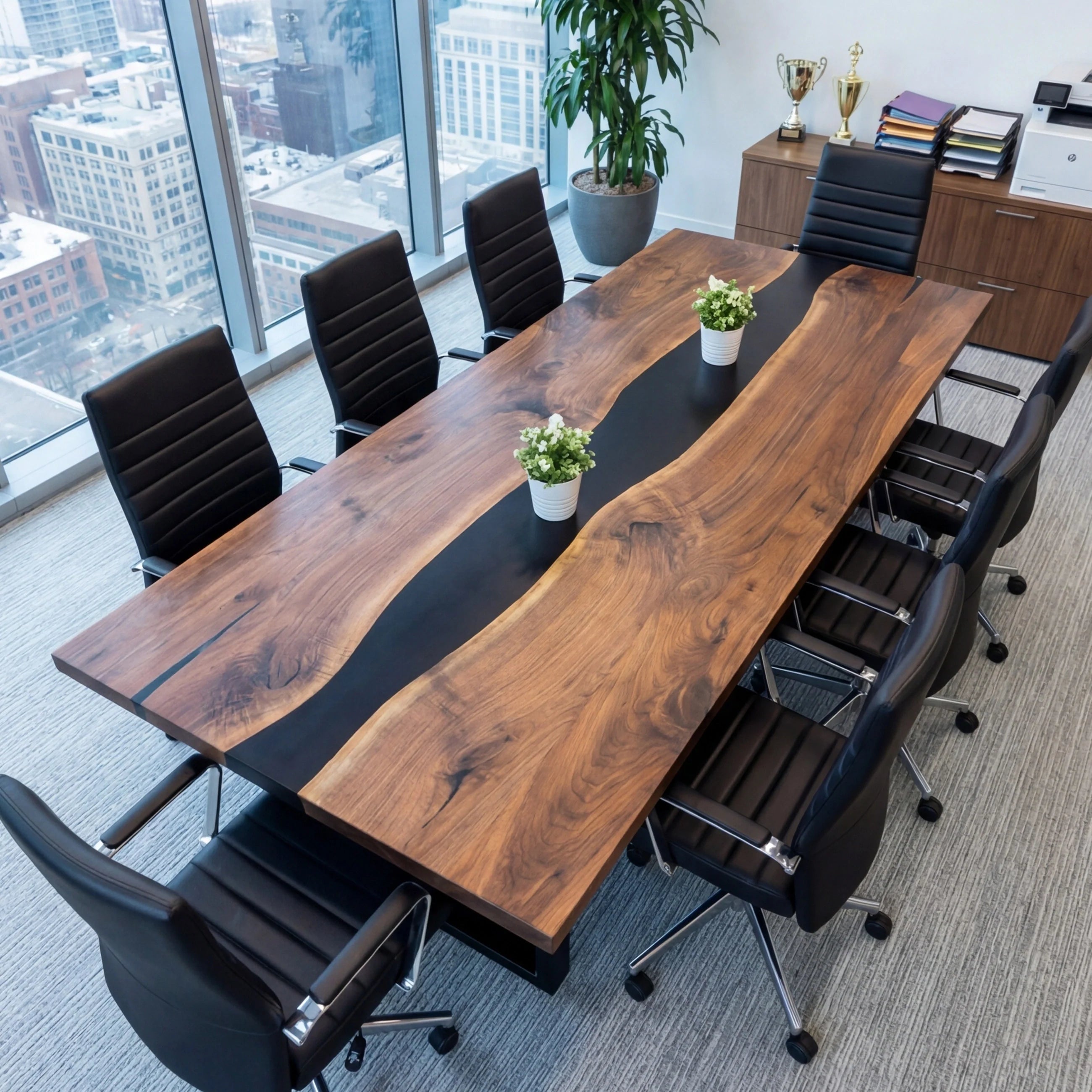 Custom Black Walnut Epoxy Resin River Conference Table Black Resin