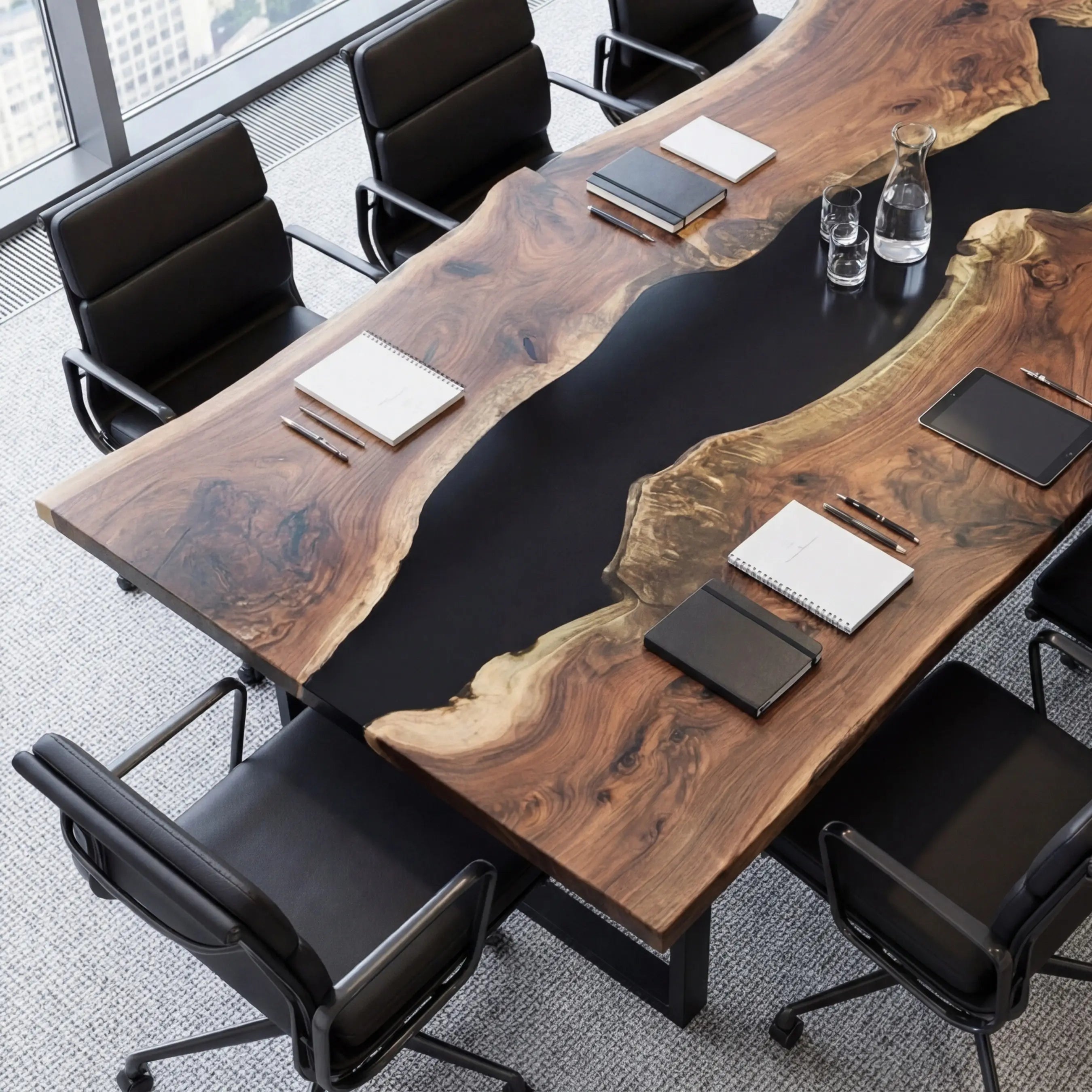 Custom Black Walnut Epoxy Resin River Conference Table Black Resin