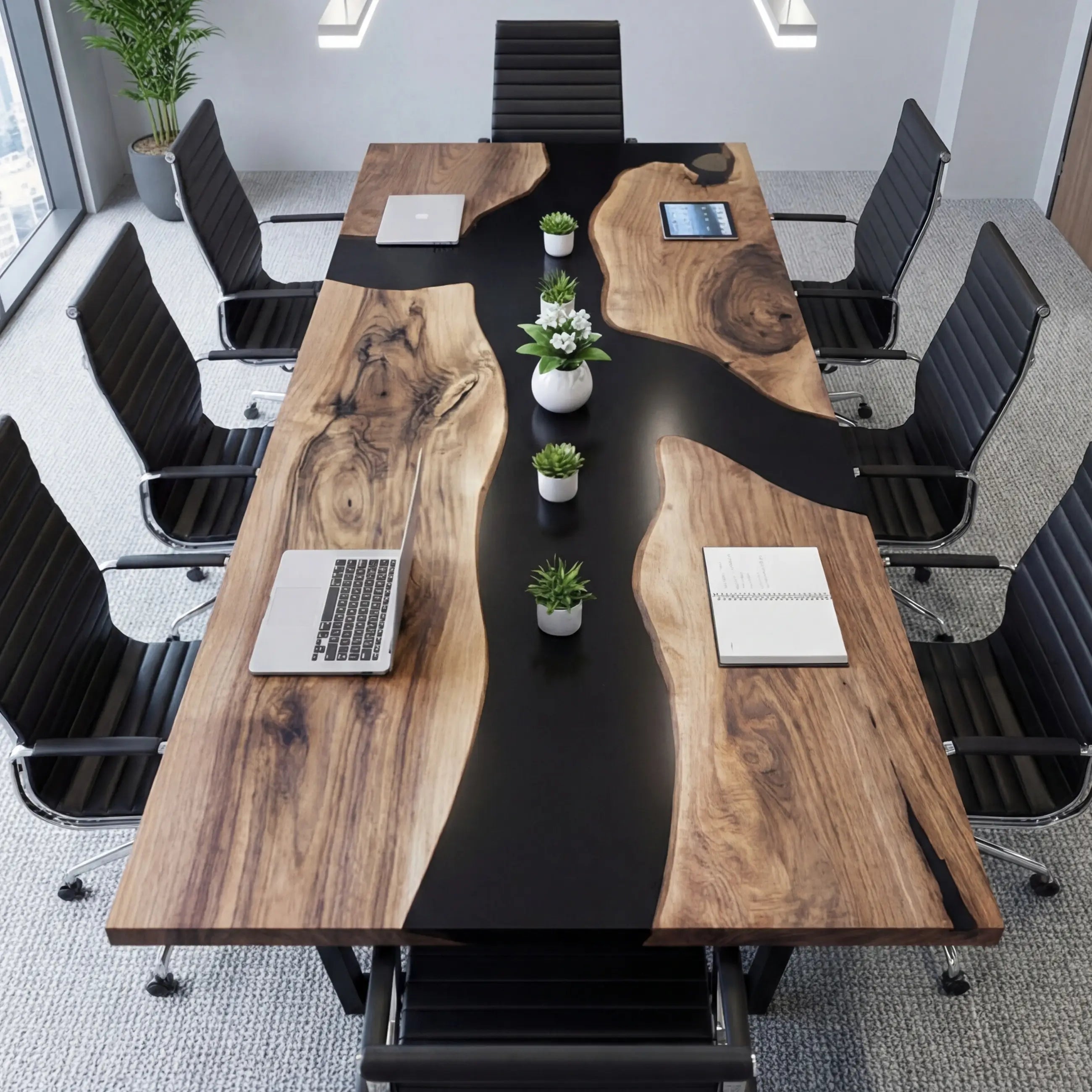 Custom Black Walnut Epoxy Resin River Conference Table Black Resin