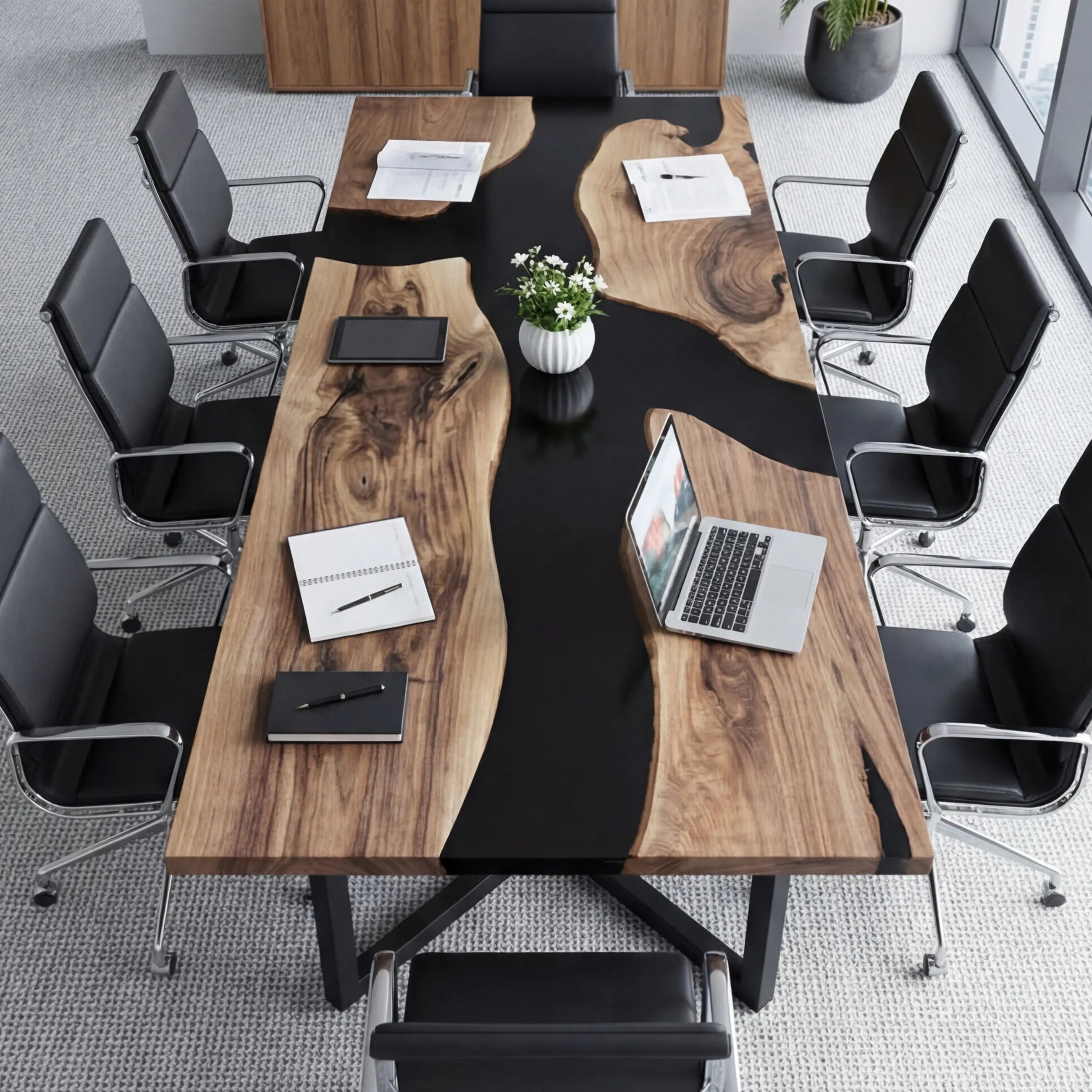 Custom Black Walnut Epoxy Resin River Conference Table Black Resin