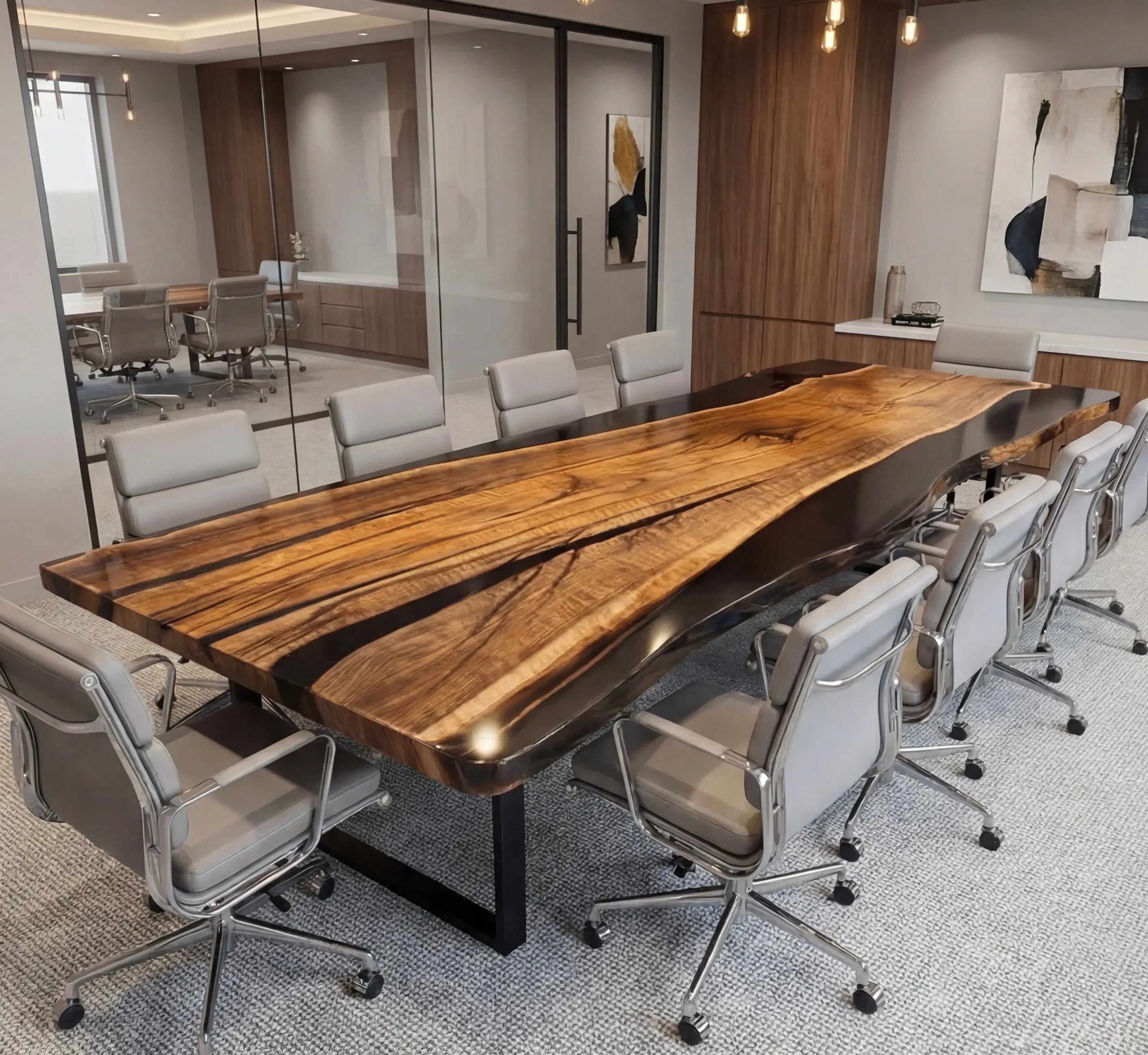 Custom Black Walnut Epoxy Resin River Conference Table Black Resin
