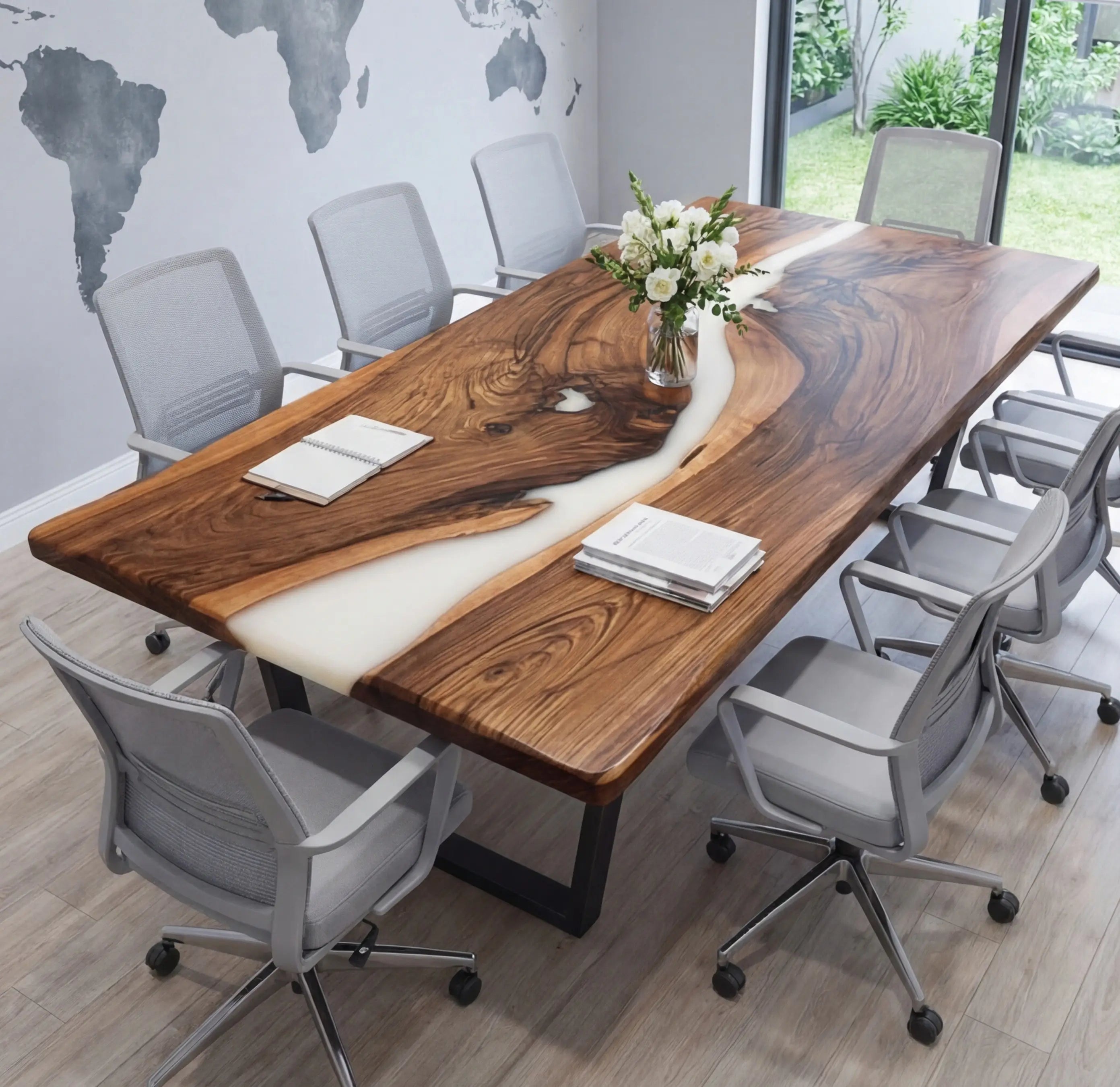 Custom Black Walnut Epoxy Resin River Conference Table White Resin