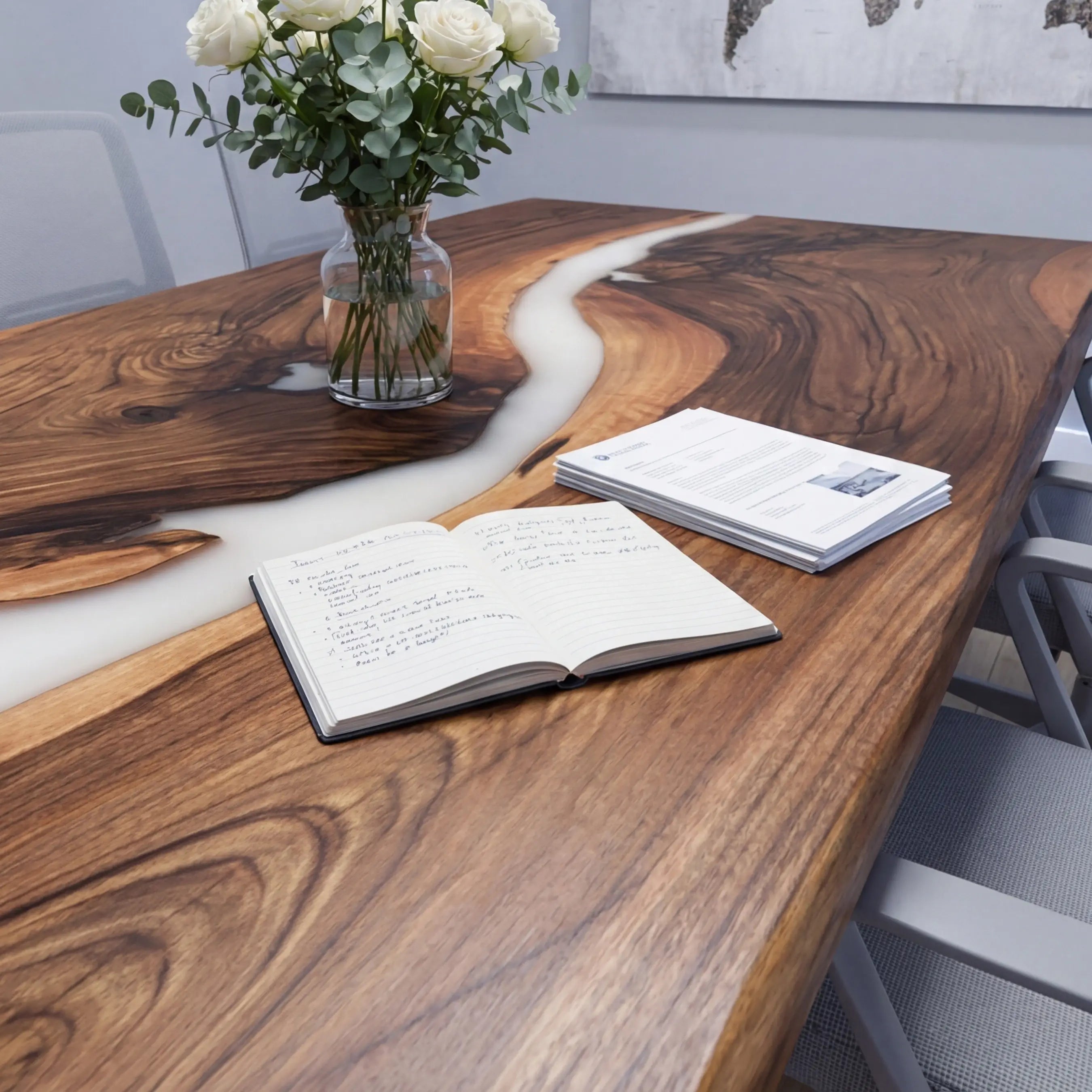Custom Black Walnut Epoxy Resin River Conference Table White Resin