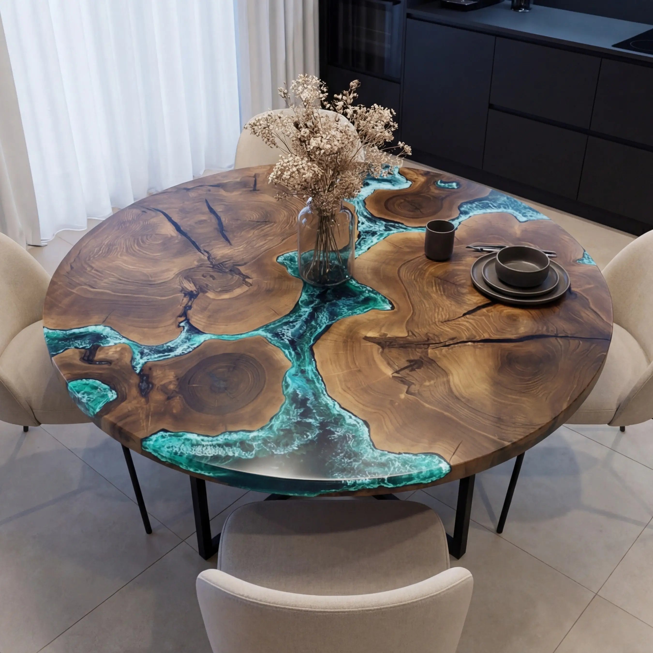 Custom Black Walnut Epoxy Resin River Round Coffee Table Blue Waves