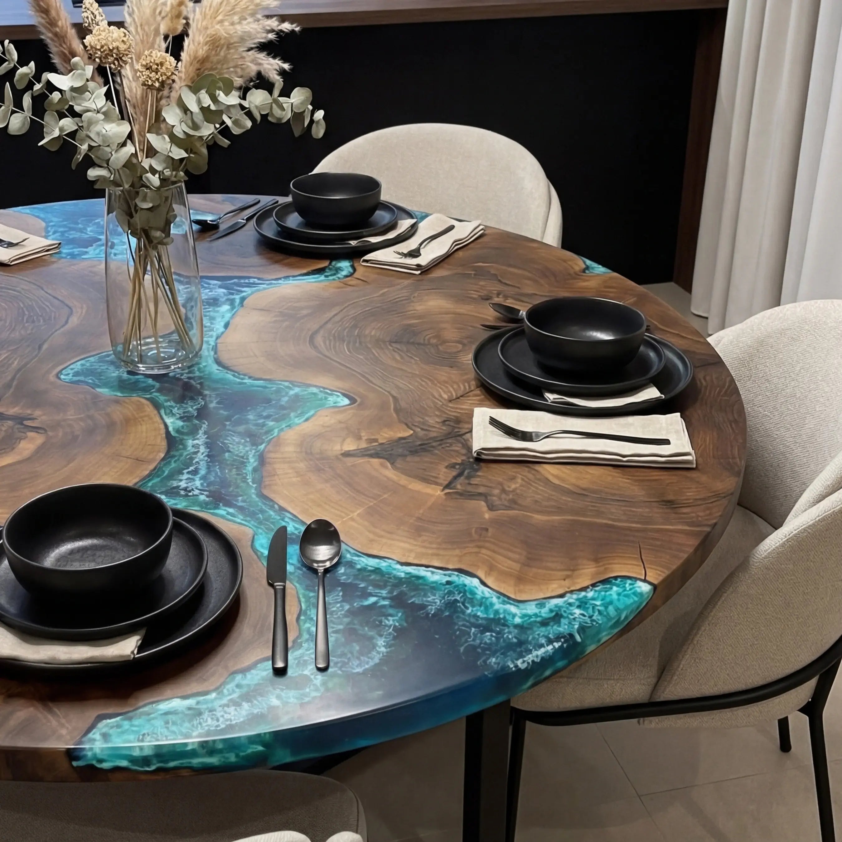 Custom Black Walnut Epoxy Resin River Round Coffee Table Blue Waves