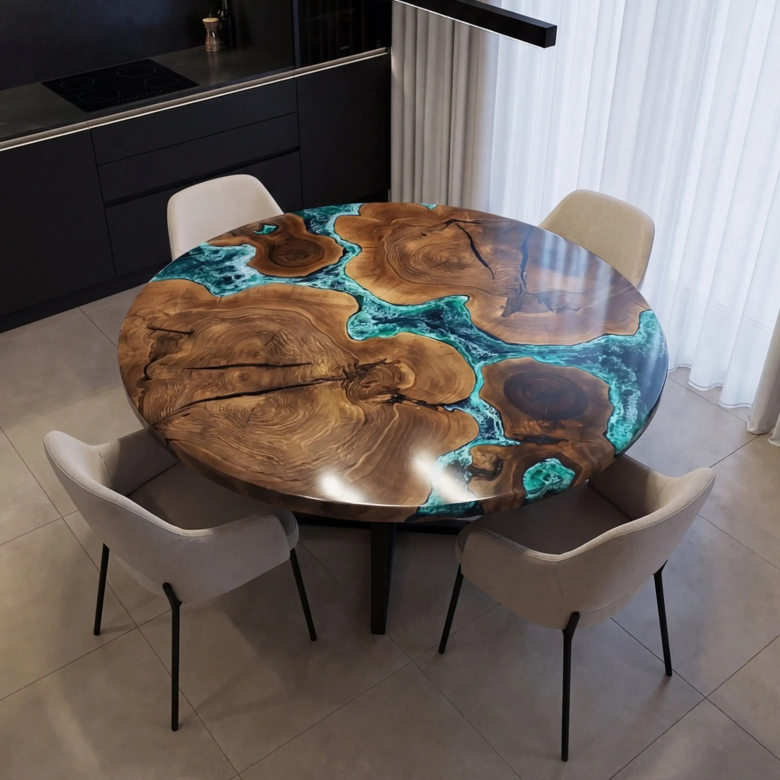 Custom Black Walnut Epoxy Resin River Round Coffee Table Blue Waves