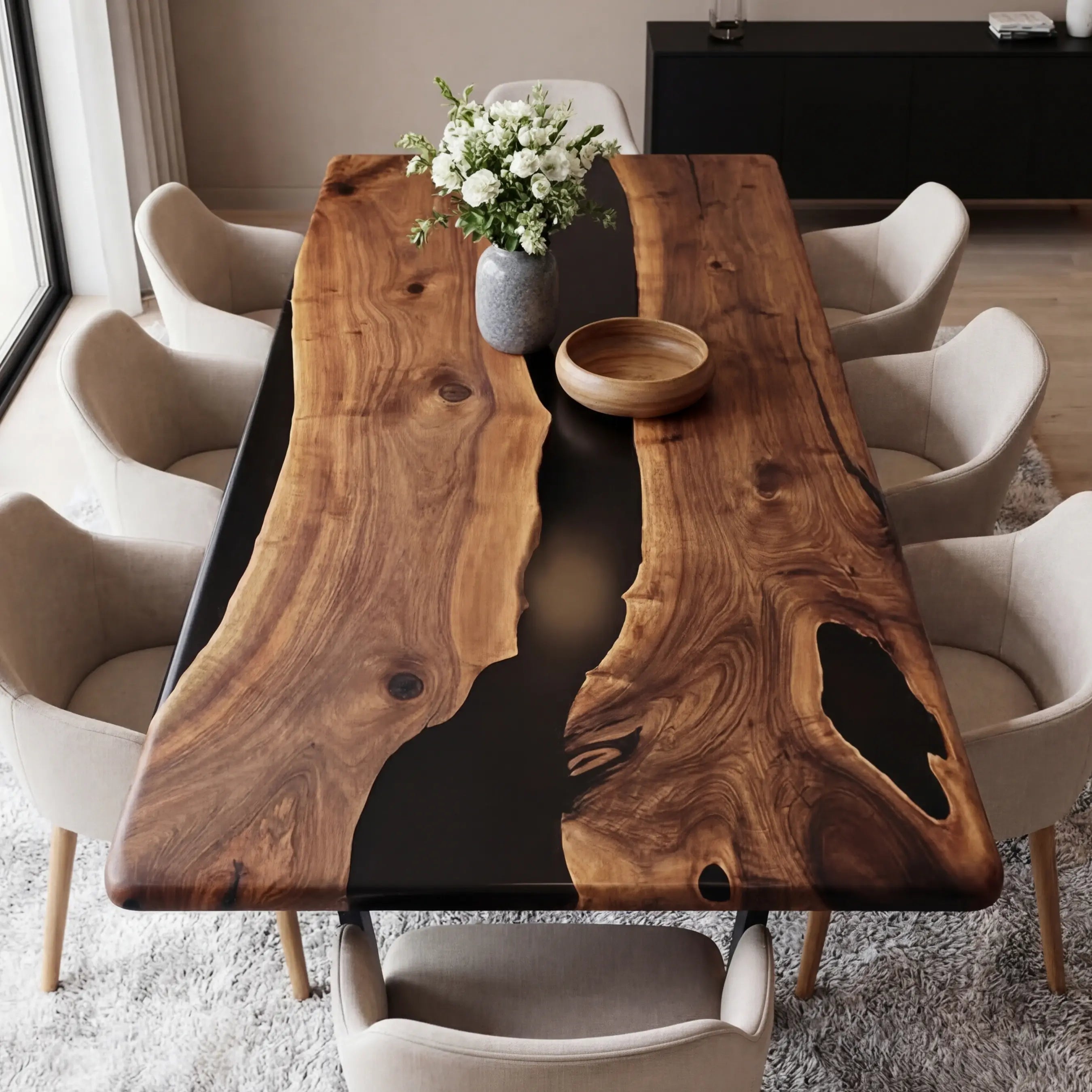 Custom Black Walnut Epoxy Resin River Table Black Resin JQT-29 - image 1 | ThawHome