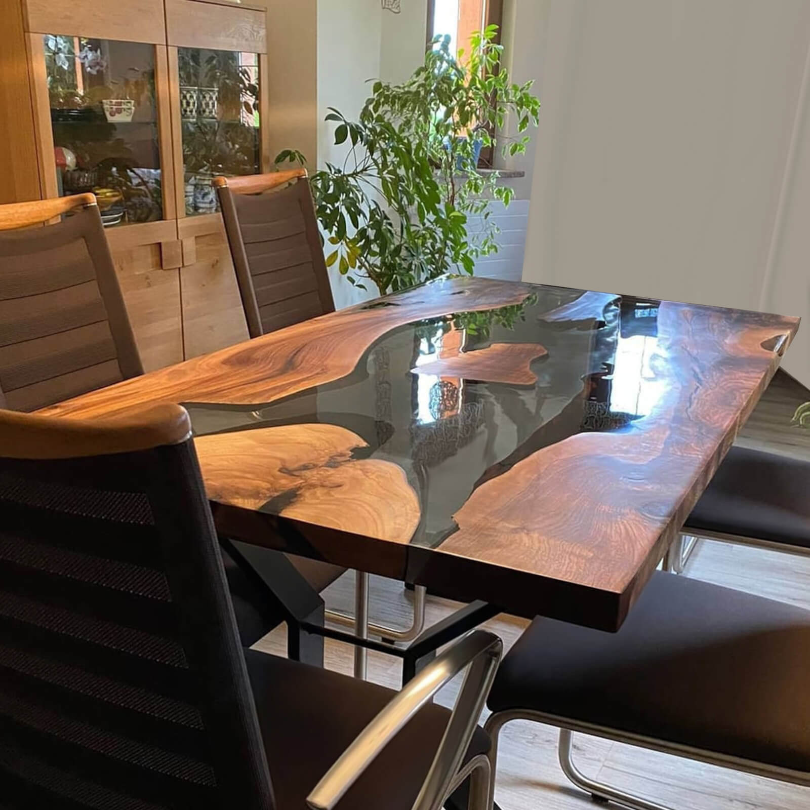 Custom Black Walnut Epoxy Resin River Table Black Transparent TQR-87 - image 1 | ThawHome