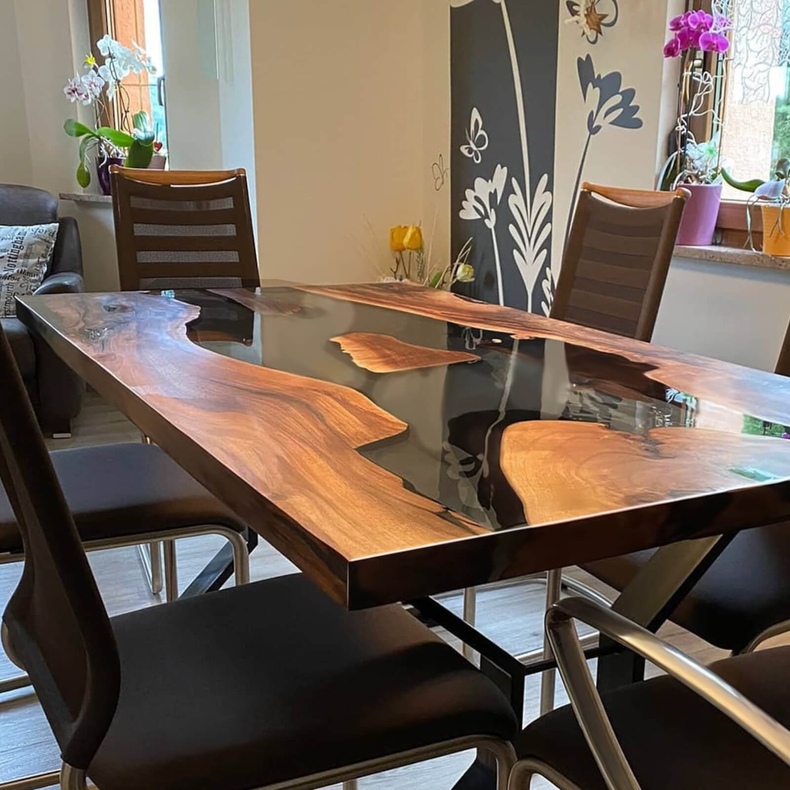 Custom Black Walnut Epoxy Resin River Table Black Transparent TQR-87 - image 3 | ThawHome