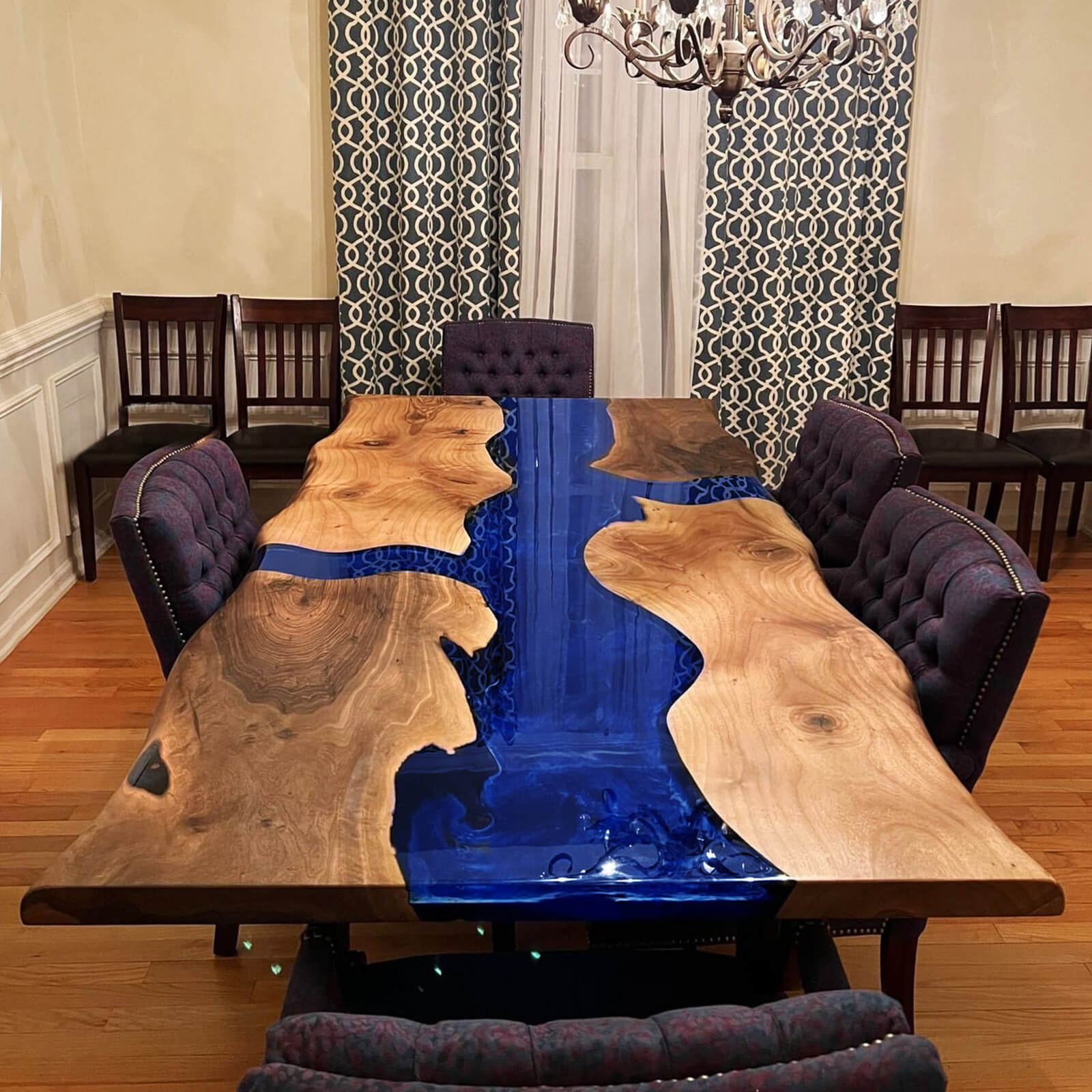 Custom Black Walnut Epoxy Resin River Table Blue CRR-58 - image 1 | ThawHome