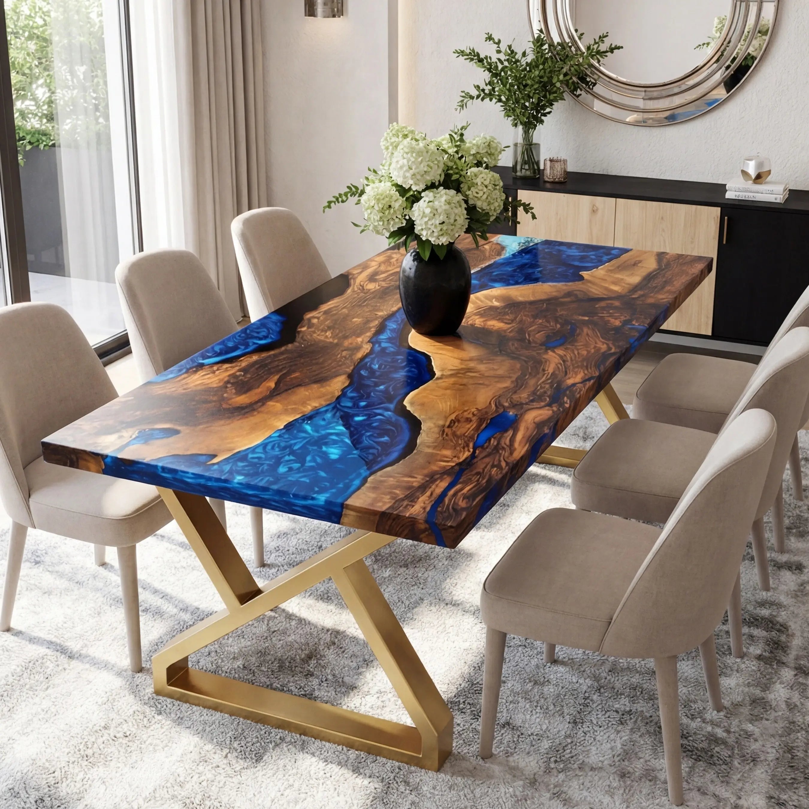 Custom Black Walnut Epoxy Resin River Table Blue Pearl ERT-73 - image 1 | ThawHome
