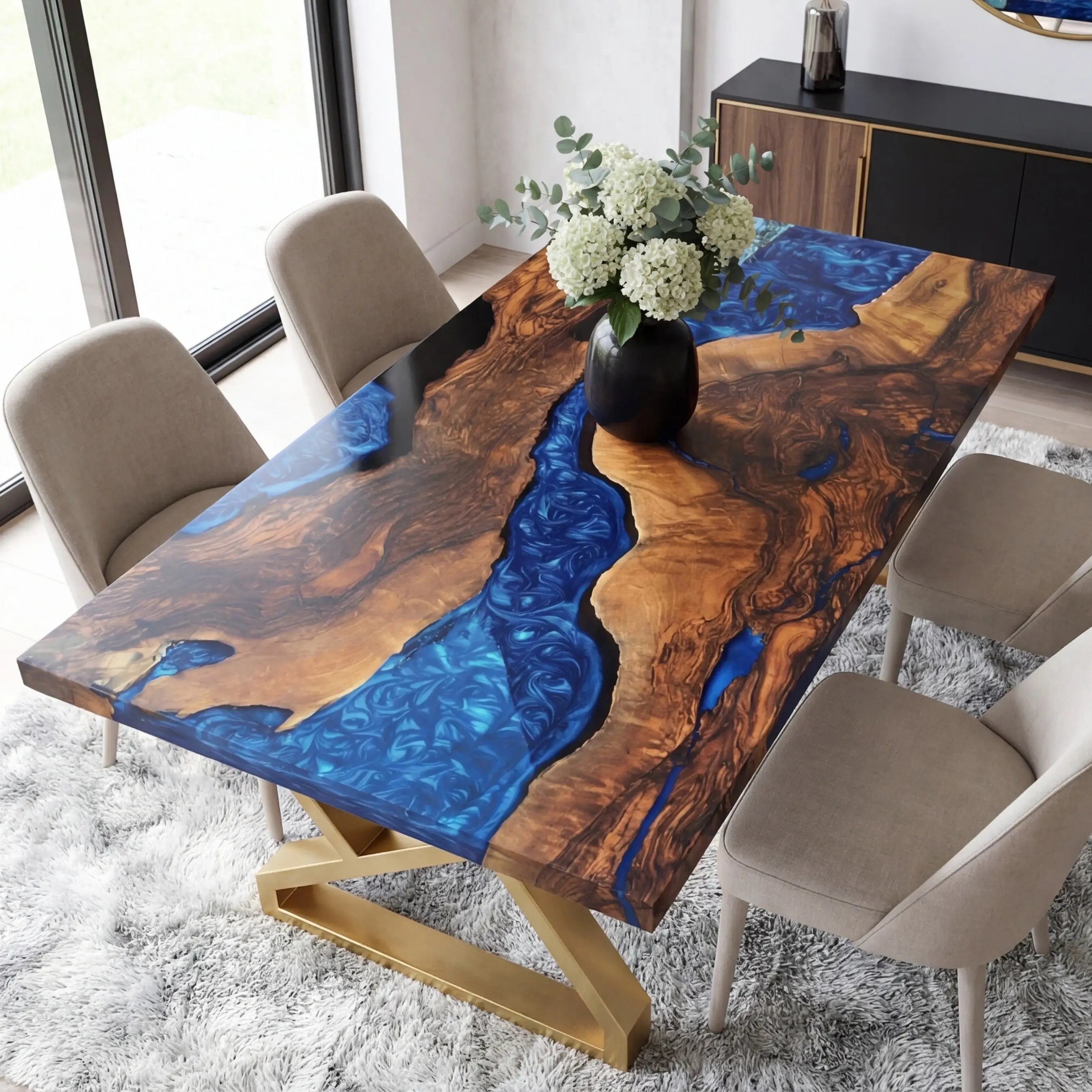 Custom Black Walnut Epoxy Resin River Table Blue Pearl ERT-73 - image 3 | ThawHome