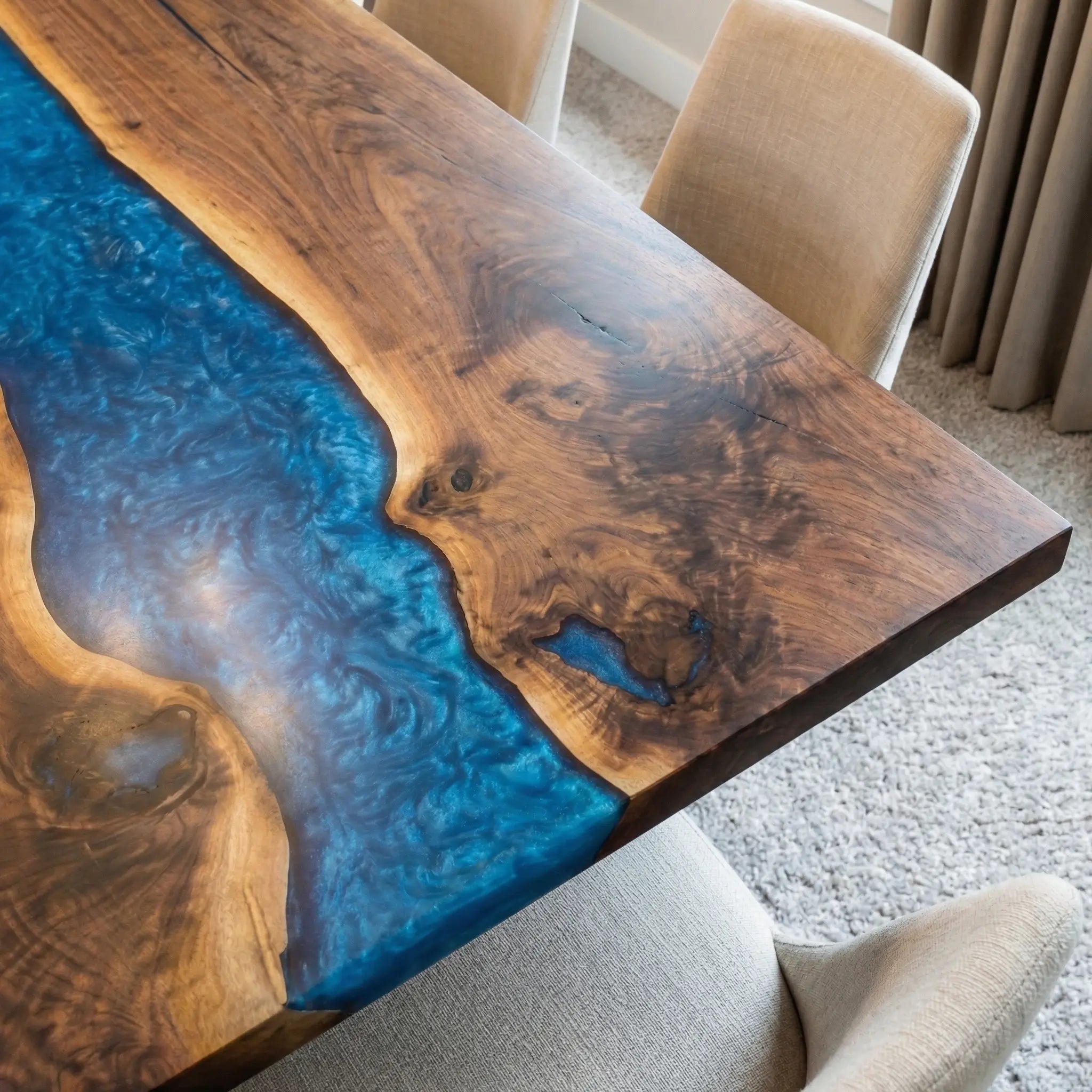 Custom Black Walnut Epoxy Resin River Table Blue Pearl ORT-83 - image 5 | ThawHome