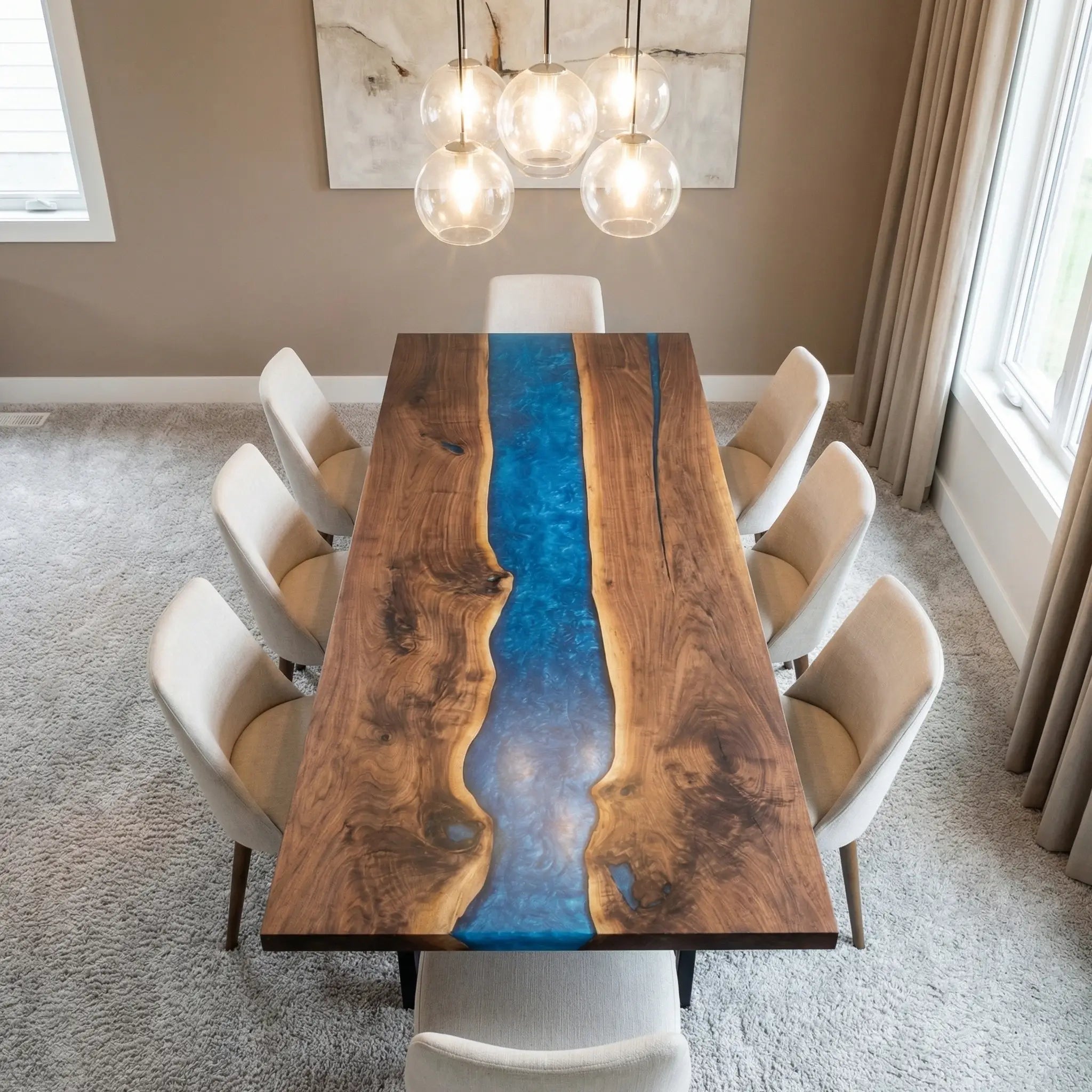 Custom Black Walnut Epoxy Resin River Table Blue Pearl ORT-83 - image 2 | ThawHome