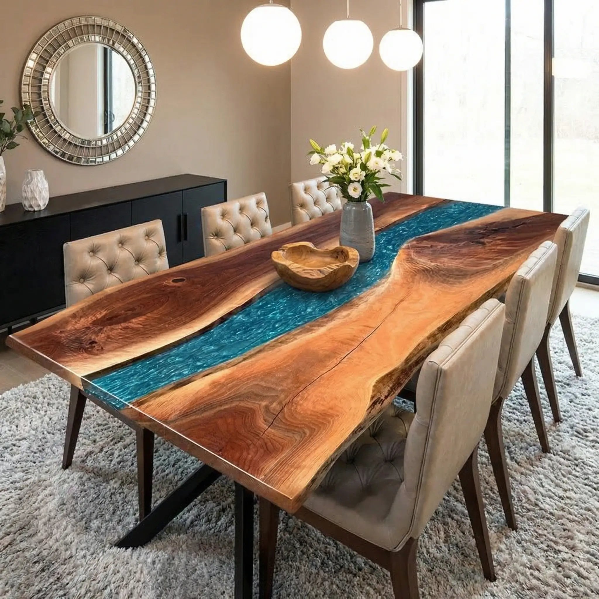 Custom Black Walnut Epoxy Resin River Table Blue Resin JKT-82 - image 3 | ThawHome